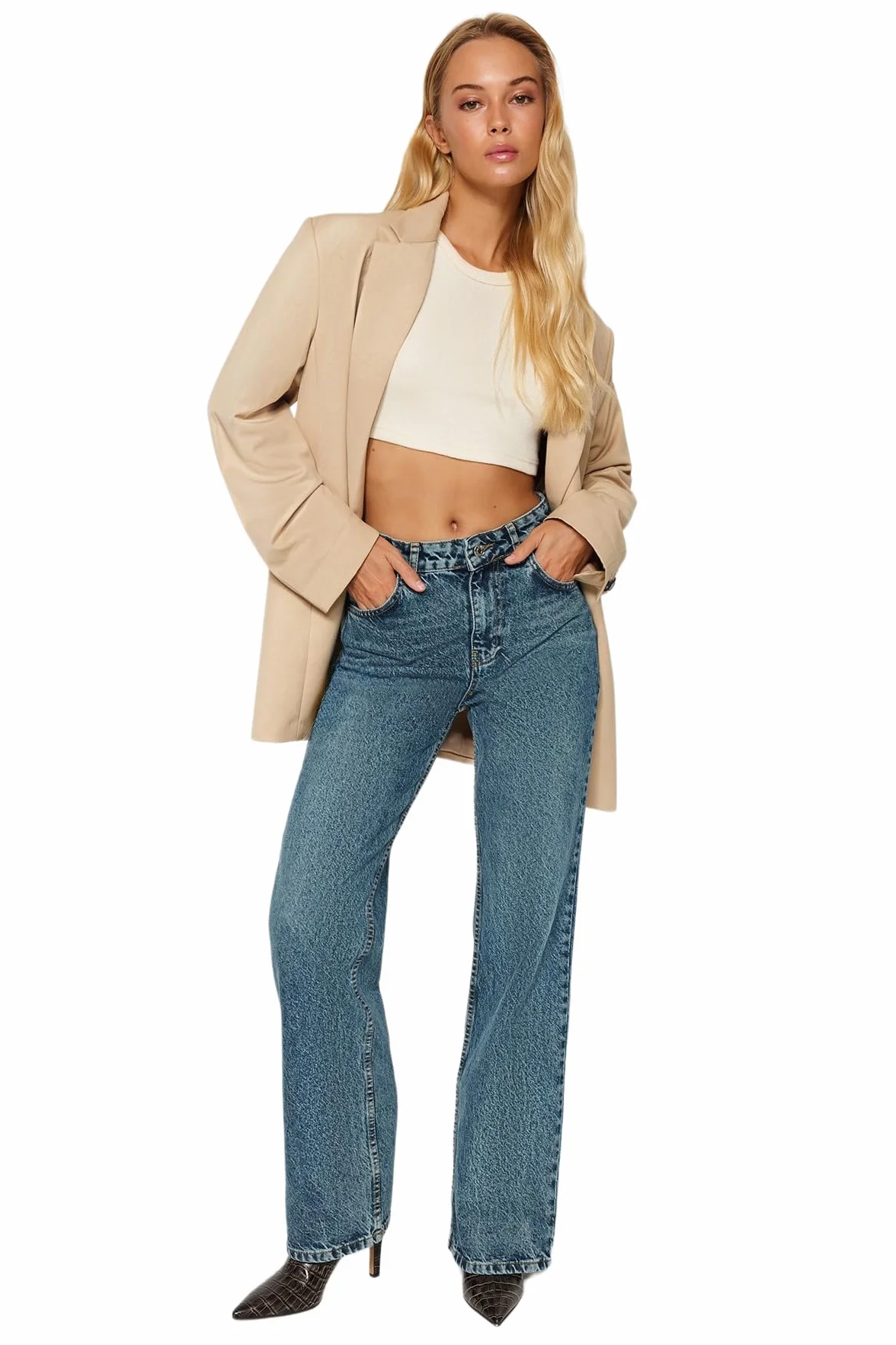 Trendyol Blue Pale Effect Vintage High Waisted Wide Leg Jeans Twoaw24je00089 - Dżins Kobiety
