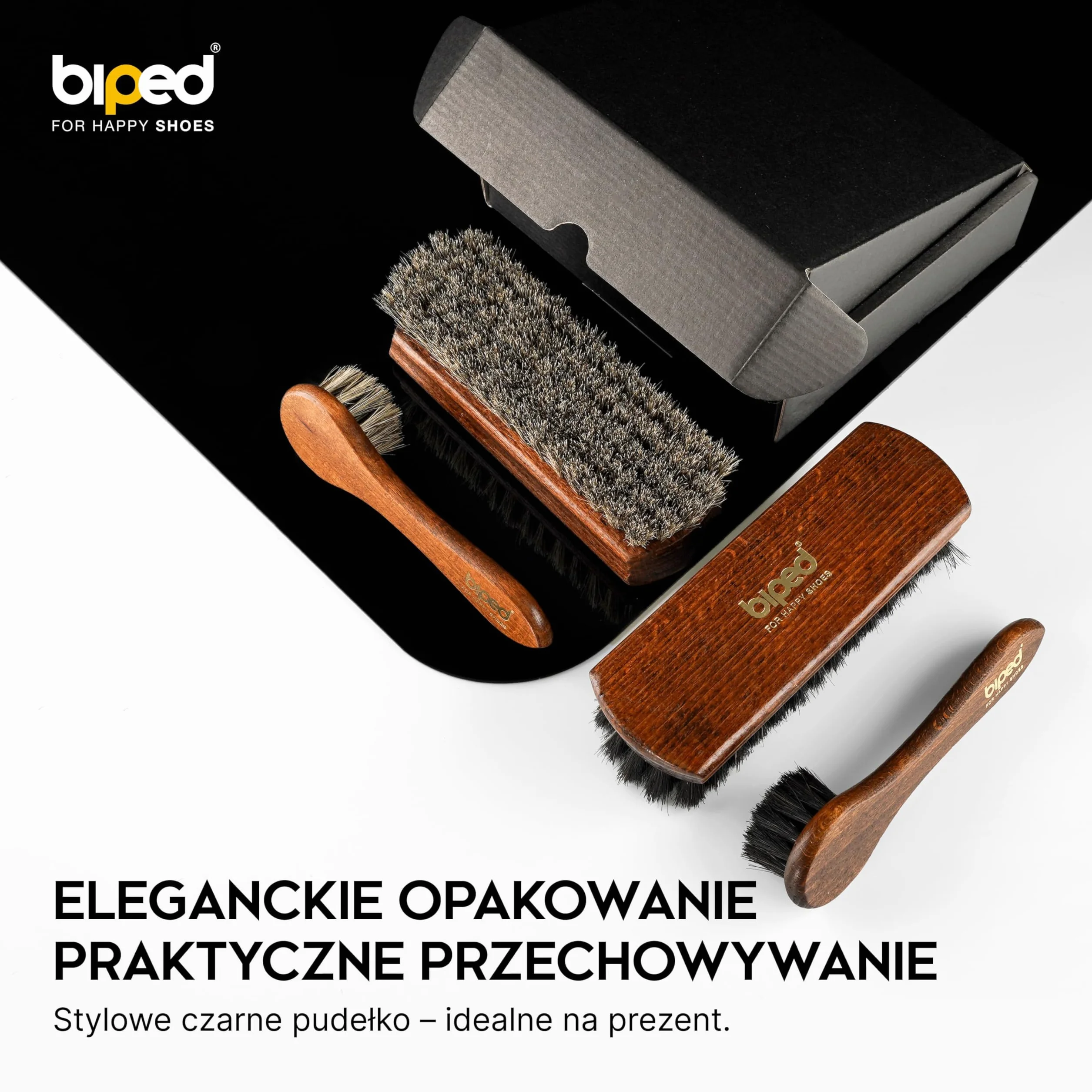 biped Zestaw 4 szczotek do butów Classic w pudełku – 2 szczotki do nakładania pasty + 2 do polerowania z końskiego włosia – komplet z drewna bukowego do pielęgnacji obuwia z2487