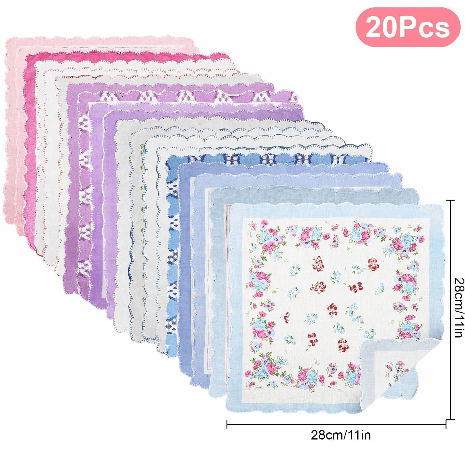 EEEKit Damskie Poszetki i Chusteczki, Chusteczki Damskie Miekkie, 20 Sztuk Bawełniane Chusteczek z Wzorem Falowana Krawędź dla Ślub Prezenty, 28 x 28 cm