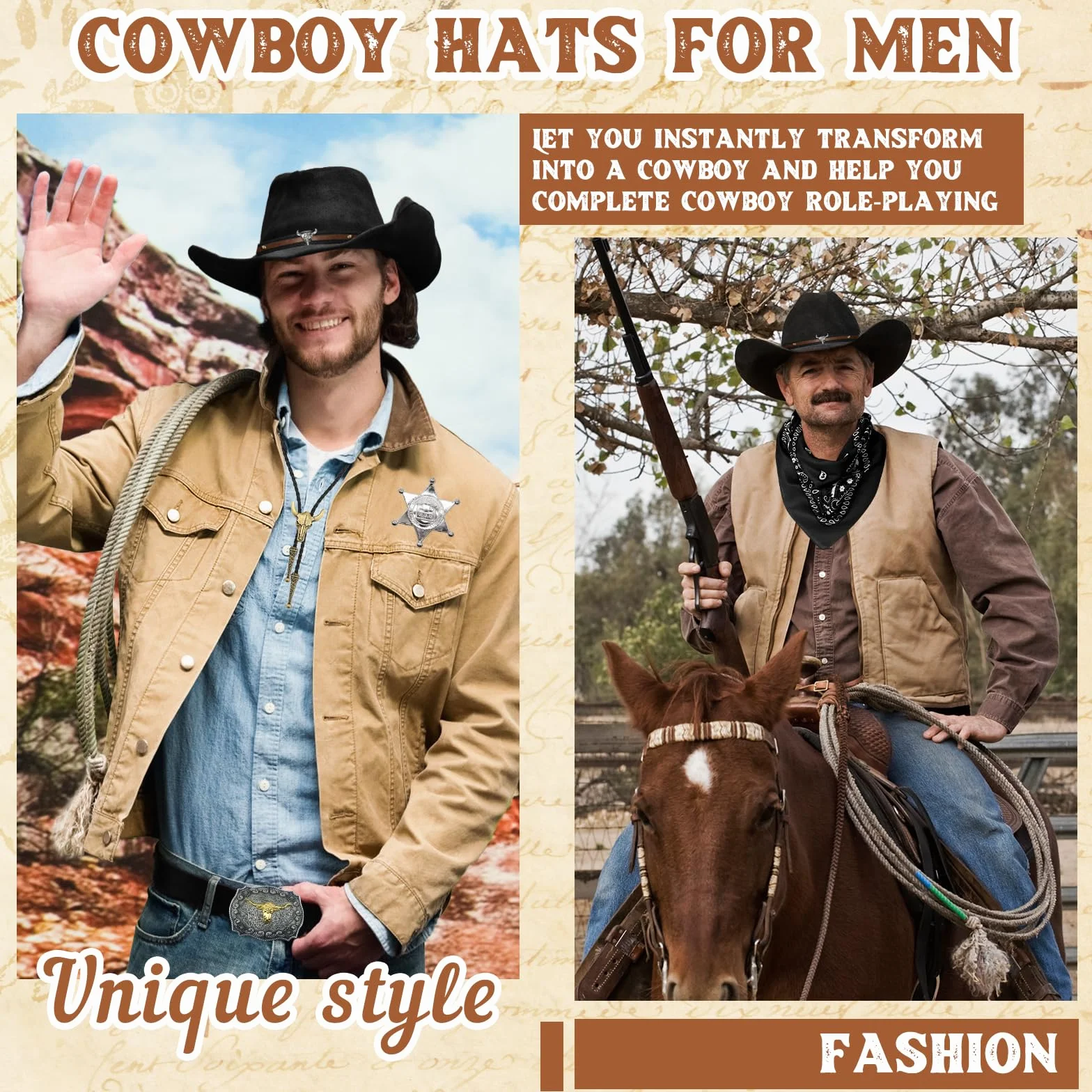 Zestaw 8 akcesoriów do kostiumu kowbojskiego, Deluxe Western Cowboj, strój z brązowym kapeluszem, paisley, kabura, pasek, bolo, klamra, krawat, naszyjnik, odznaka szeryfa, dla mężczyzn, hipisowska