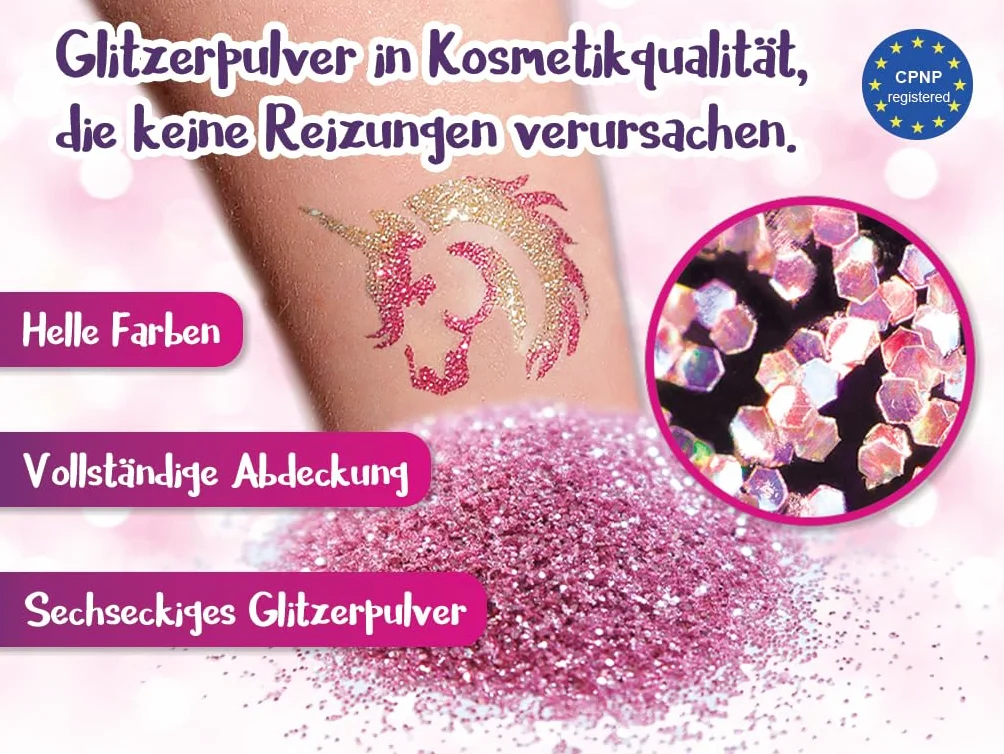 TyToo Zestaw brokatowych tatuaży dla dzieci – 28 szablonów i 3 kolory brokatu – przyjazny dla skóry, wodoodporny i testowany dermatologicznie – kreatywny zestaw do makijażu na urodziny, imprezę i