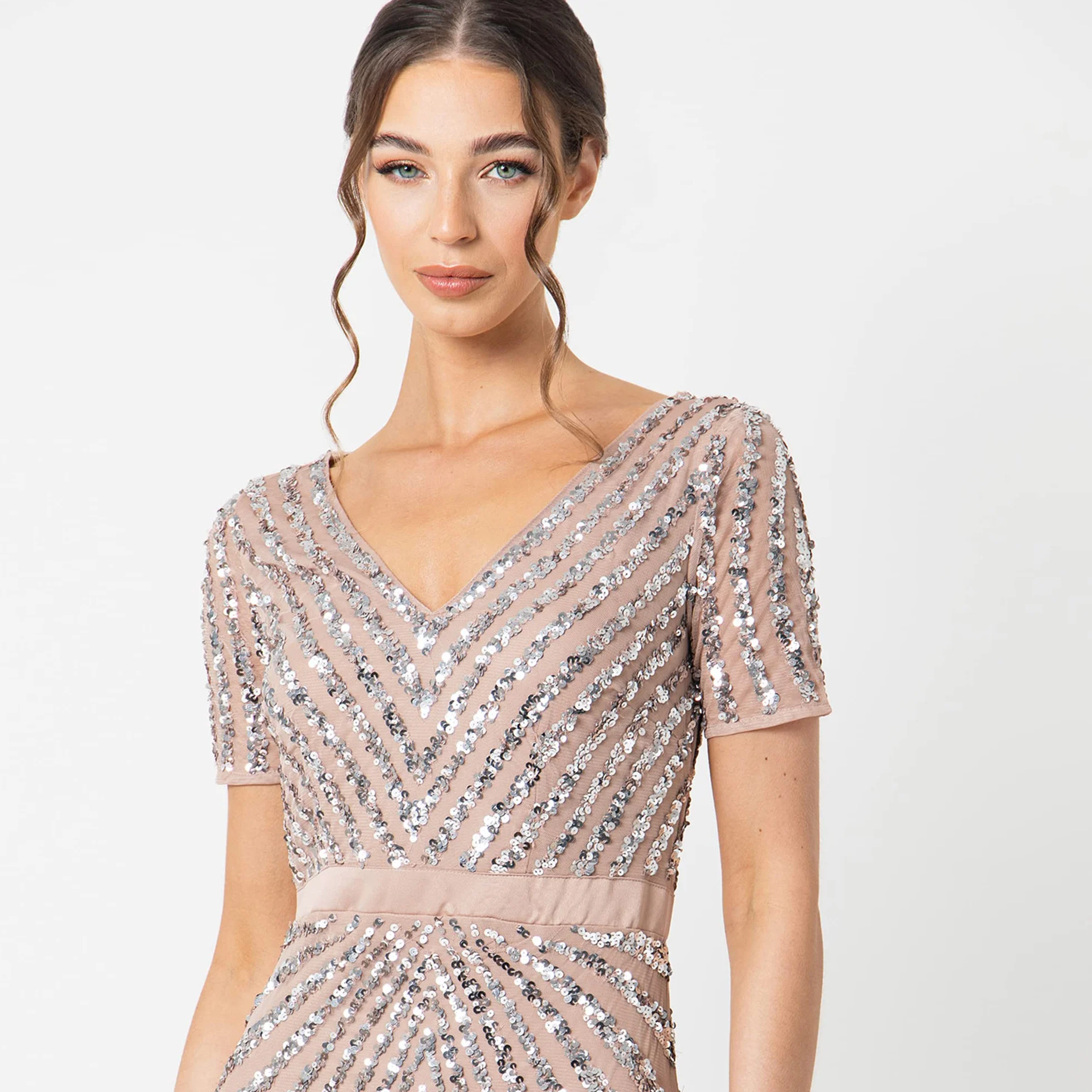 Maya Deluxe Sukienka druhny Kobiety Maya Deluxe zielona lilia z krótkim rękawem w paski zdobiona sukienka maxi