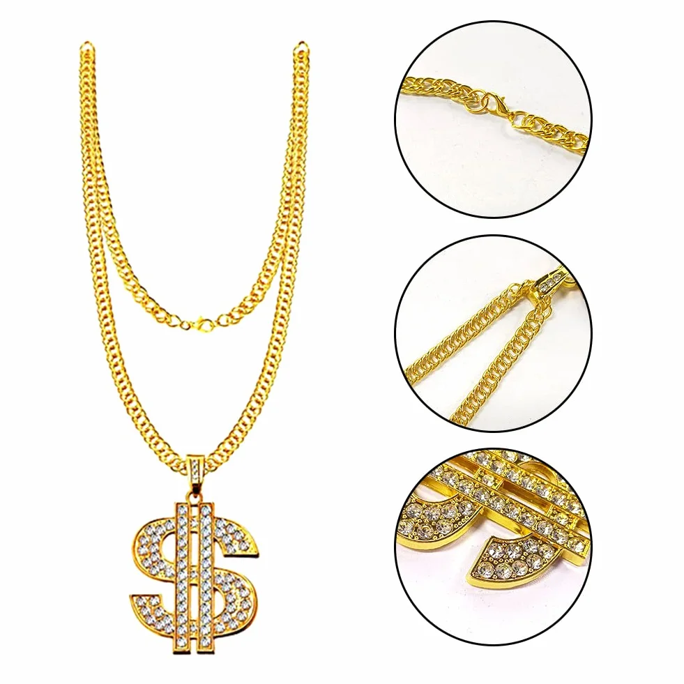 CEWROM Zestaw kostiumowy hip-hopowy, 4 sztuki, strój męski w stylu lat 80-tych XX wieku, akcesoria rapera, znak dolara, złoty łańcuszek, okulary przeciwsłoneczne, złoty pierścionek hipisowski