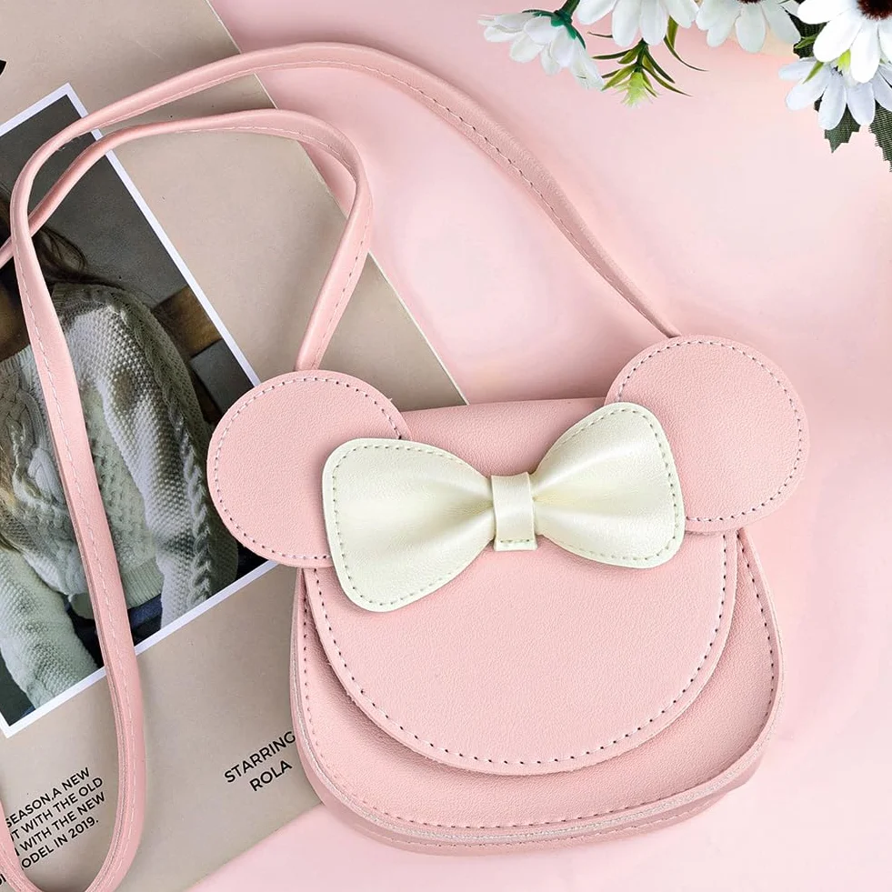 Ainiv Dziewczęca torebka typu crossbody z kokardą, mała torebka na ramię z kokardą w kształcie uszu myszy, torebka typu crossbody z poliuretanu z regulowanym paskiem dla dziewczynek, dzieci - różowa
