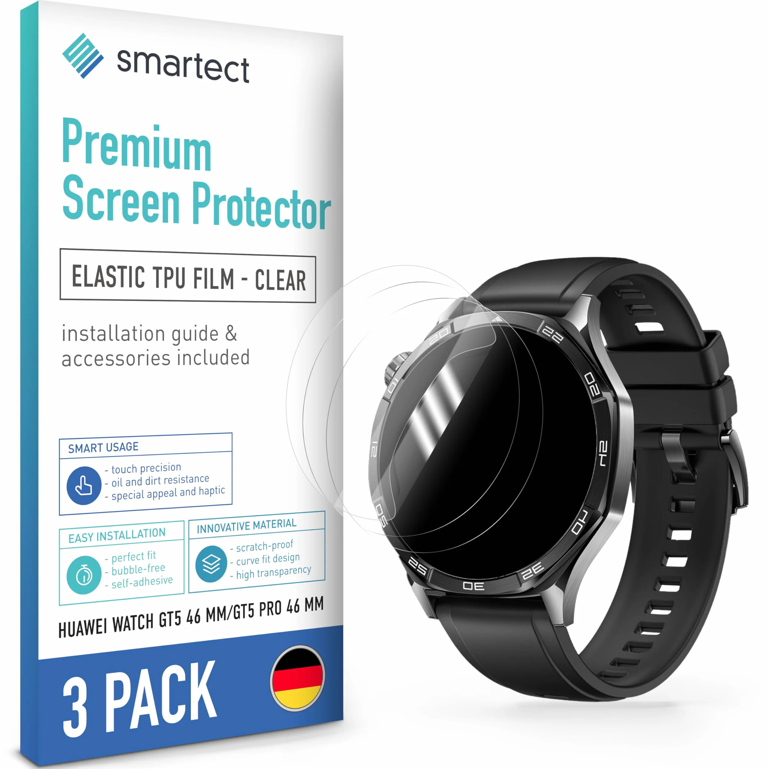 smartect Folia Ochronna TPU [3 Sztuki, Clear] dla Huawei Watch GT5 46 mm / GT5 Pro 46 mm, Zakrywa cały wyświetlacz, Ochraniacz Ekranu bez Pęcherzyków, Bez Odcisków palców