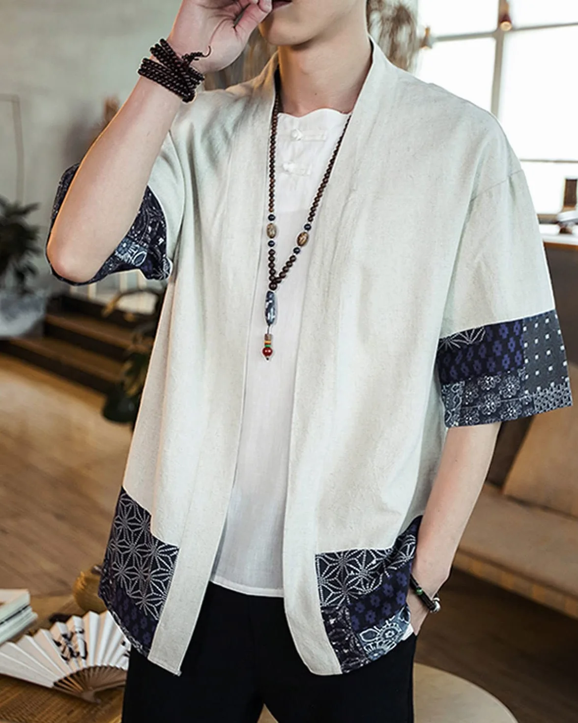 Męskie japońskie kimono kardigan luźny bawełniany len rękaw 3/4 otwarty przód na co dzień letnia koszula kurtki