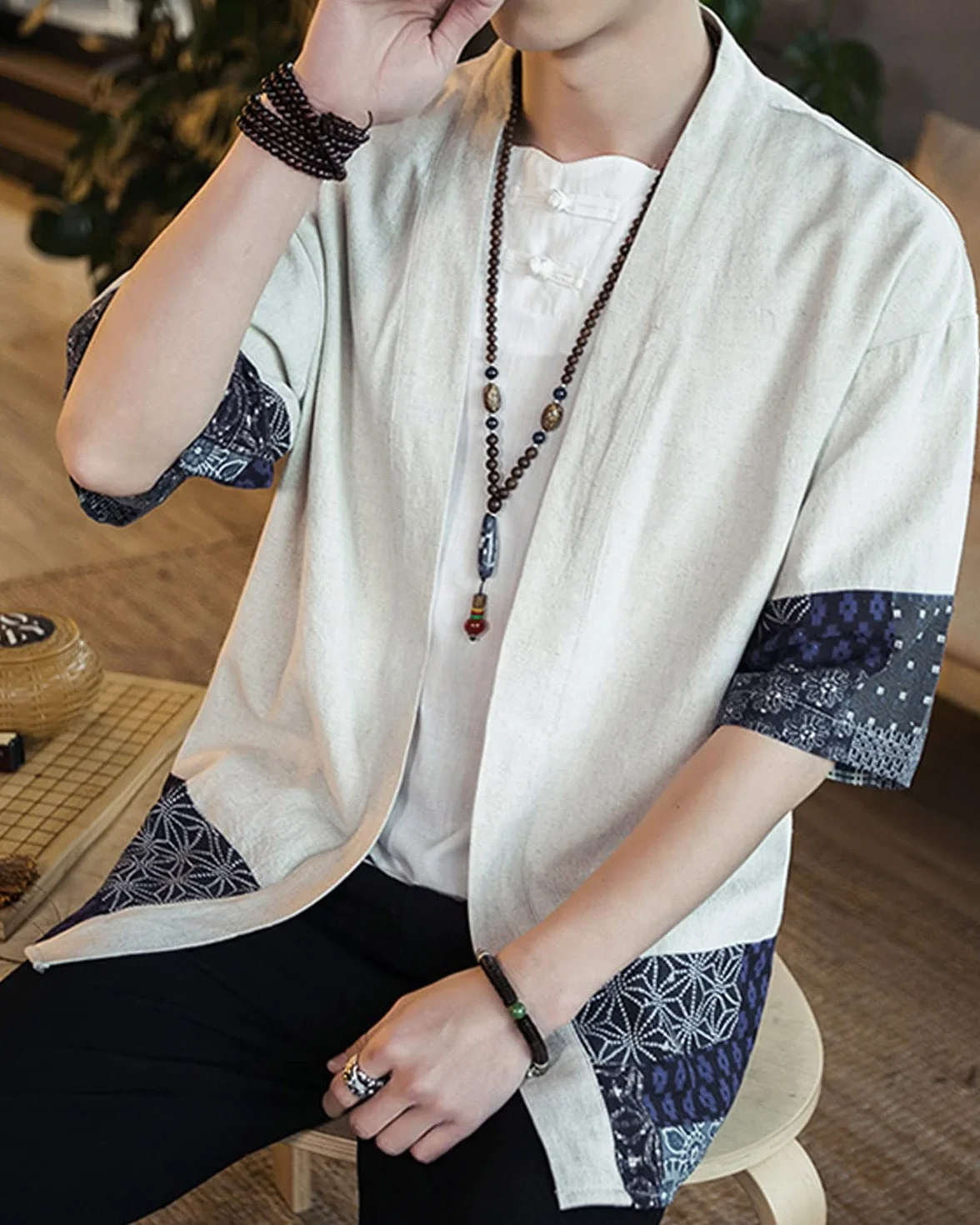 Męskie japońskie kimono kardigan luźny bawełniany len rękaw 3/4 otwarty przód na co dzień letnia koszula kurtki