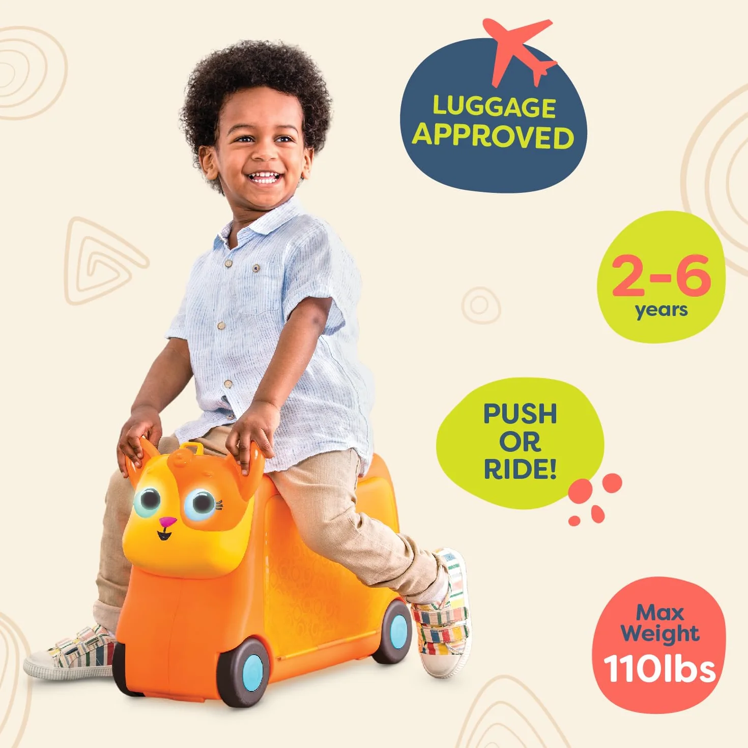 B. toys Lolo – bagaż podręczny dla dzieci, walizka podróżna z oświetleniem i dźwiękiem, bagaż dziecięcy do siedzenia na górze, z miejscem do przechowywania, dla dziewcząt i chłopców od 2 lat