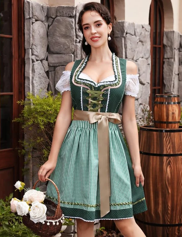 Clearlove Dirndl damska sukienka midi 3-częściowa sukienka do stroju ludowego, modna sukienka Dirndl, bluzka na Oktoberfest, zielony, 44
