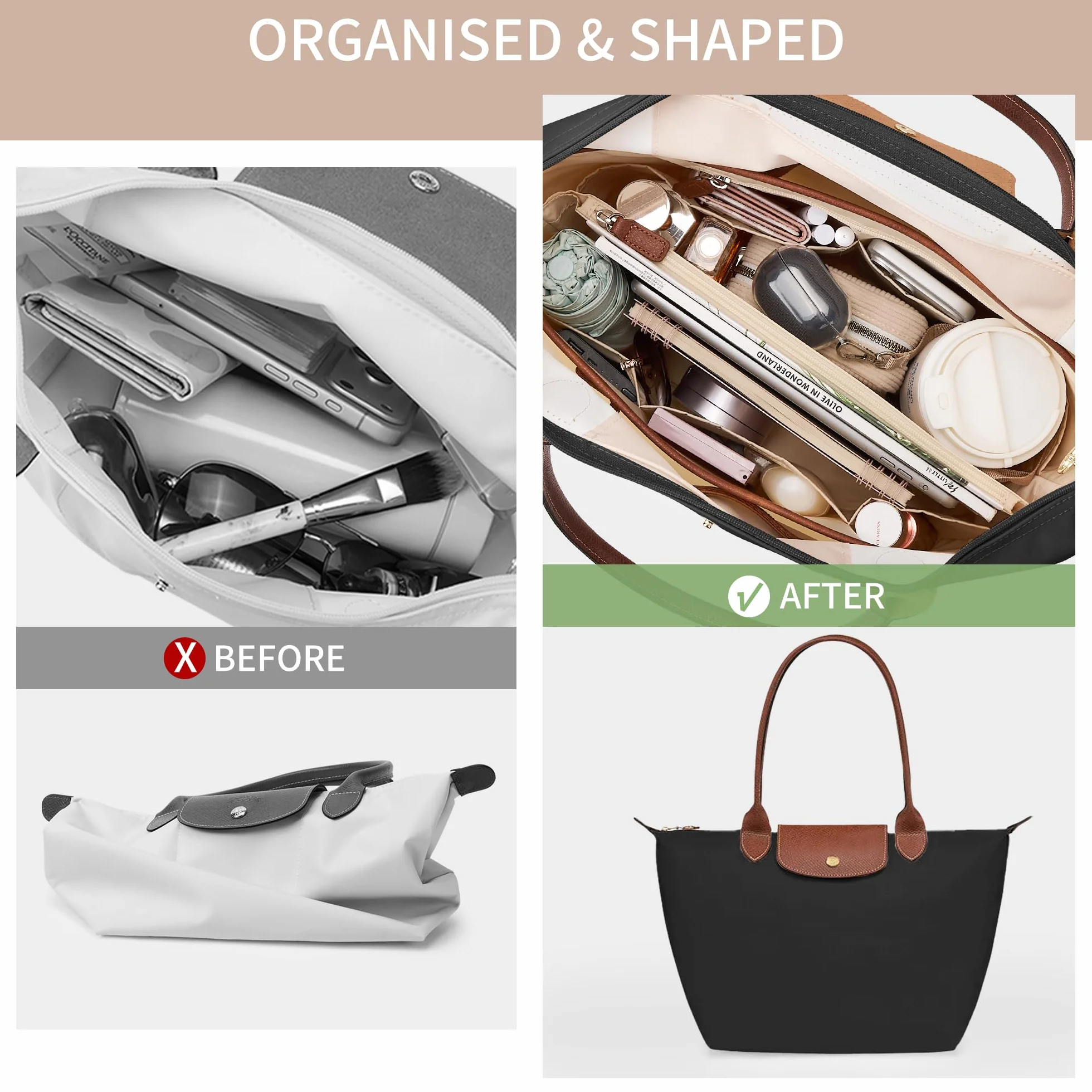 KALIDI Organizer do torby Longchamp Le Pliage M Xtra, ultralekki wodoodporny ulepszony rękaw wewnętrzny przegroda damska torba na ramię torebka torebka, średnia czarna