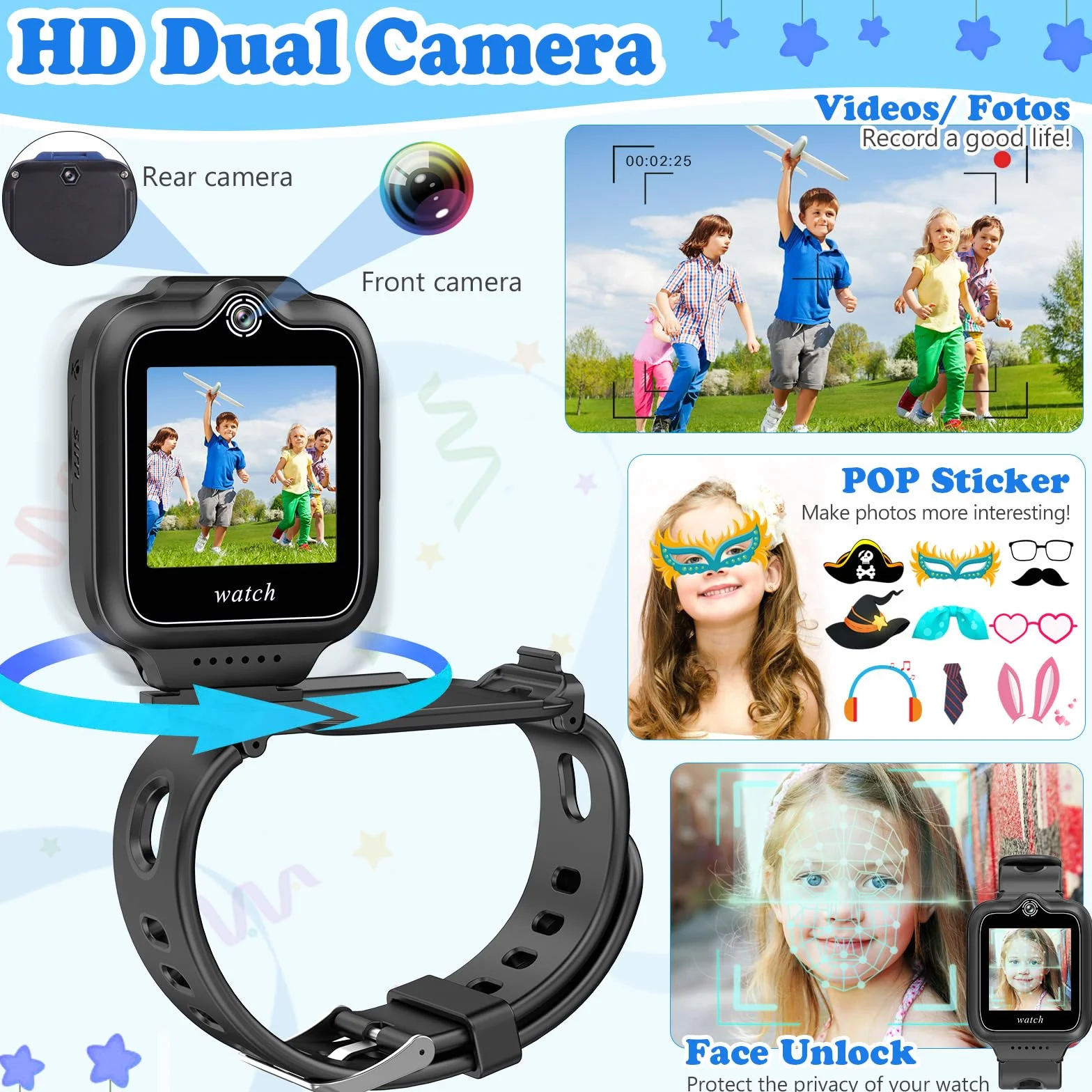 ele ELEOPTION 4G GPS dziecięcy smartwatch z telefonem, wodoszczelny, Smart Watch dla chłopców i dziewczynek, 2-drożne połączenia, rozmowy głosowe i wideo, aparat, SOS, odtwarzacz muzyczny i wideo,