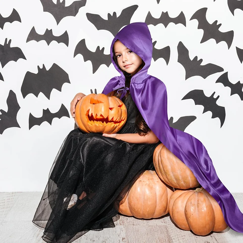 Aomig Czarna peleryna z kapturem na Halloween dla dorosłych, długa peleryna z kapturem, czarownica, akcesoria do cosplay, tajemniczy czarodziej, bajkowy, fantazyjny kostium, Halloween, maskarada