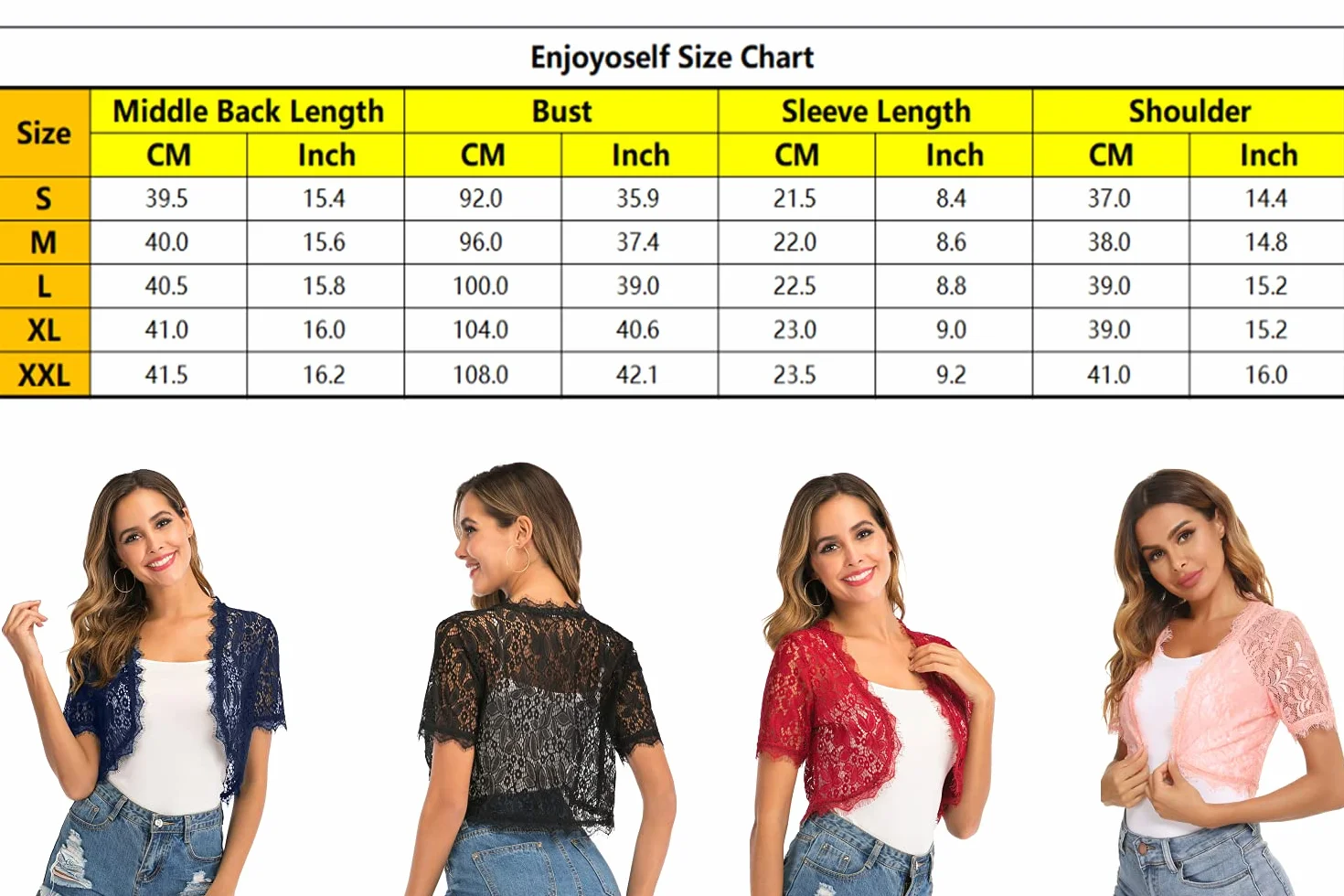 Enjoyoself Damski Shrug Lekki Koronkowy Krótki Rękaw Otwarty Przód Bolero Cardigan Cover Up Szydełkowy Krótki Płaszcz