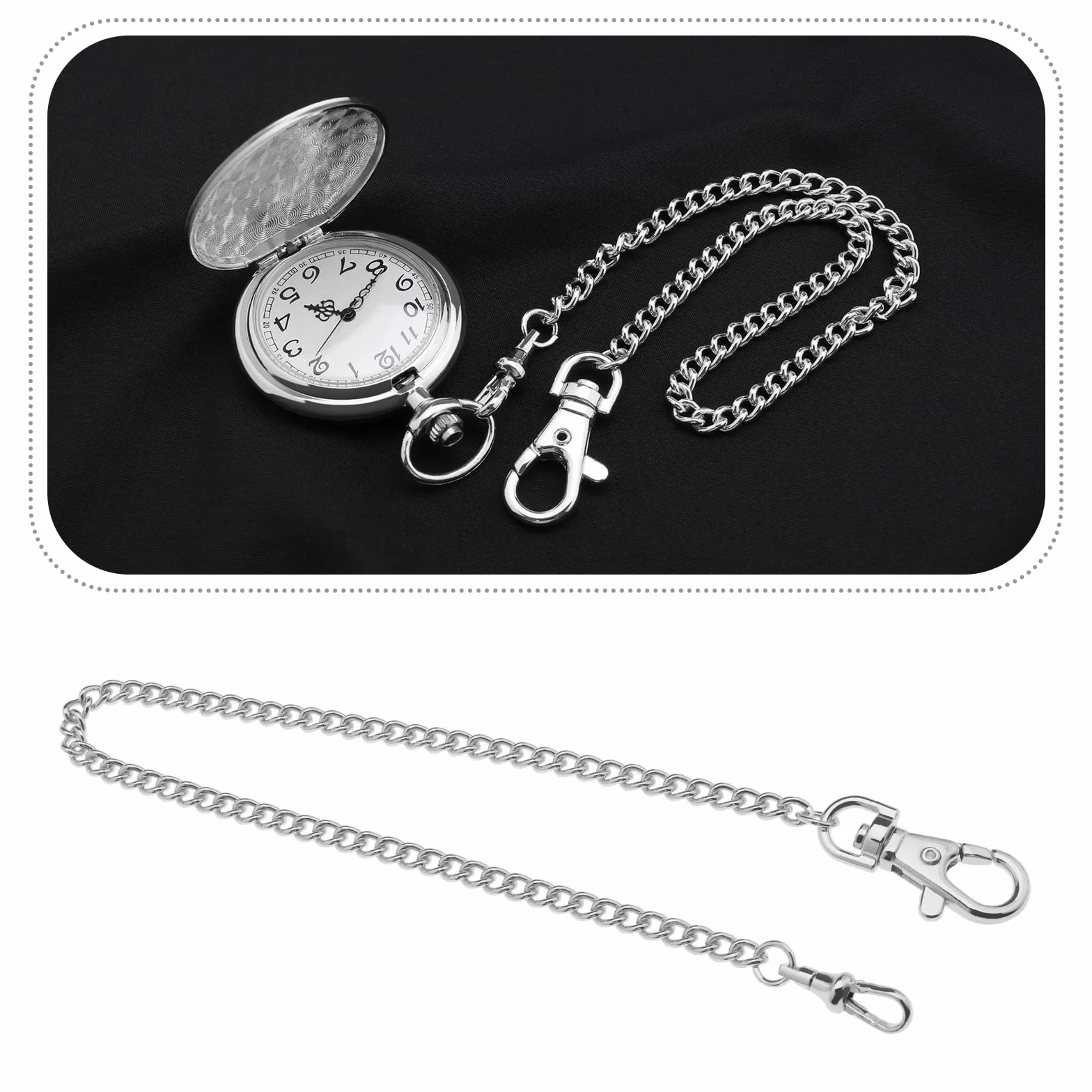 Zegarek kieszonkowy łańcuszek kamizelka łańcuch Albert z zapięciem na karabińczyk 35 cm klasyczny metalowy platerowany wiszący zegarek łańcuszek pasek zegarek kieszonkowy akcesoria do zegarków kieszonkowych, Srebrny