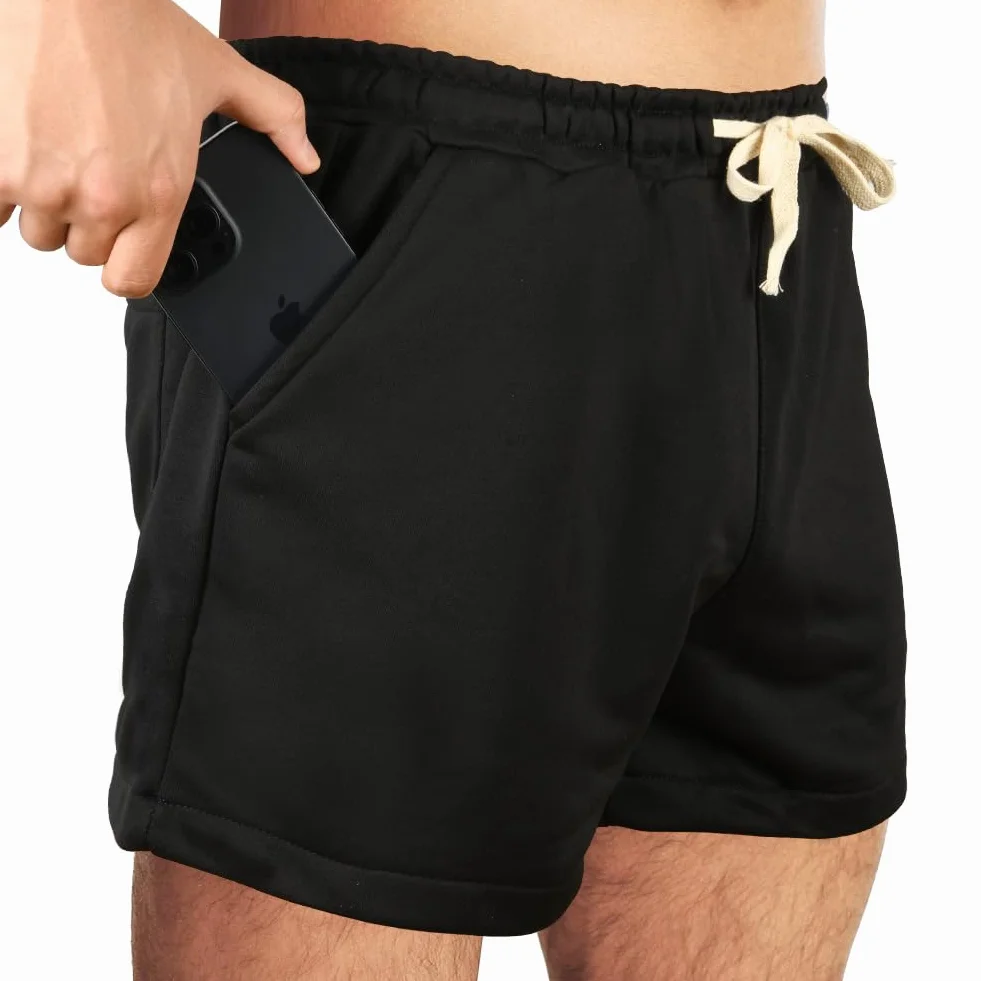 Spodenki gimnastyczne męskie 7,6 cm spodenki do biegania męskie spodenki dresowe z elastyczną talią spodenki sportowe ze sznurkiem spodenki na co dzień z kieszeniami, Czarny, L