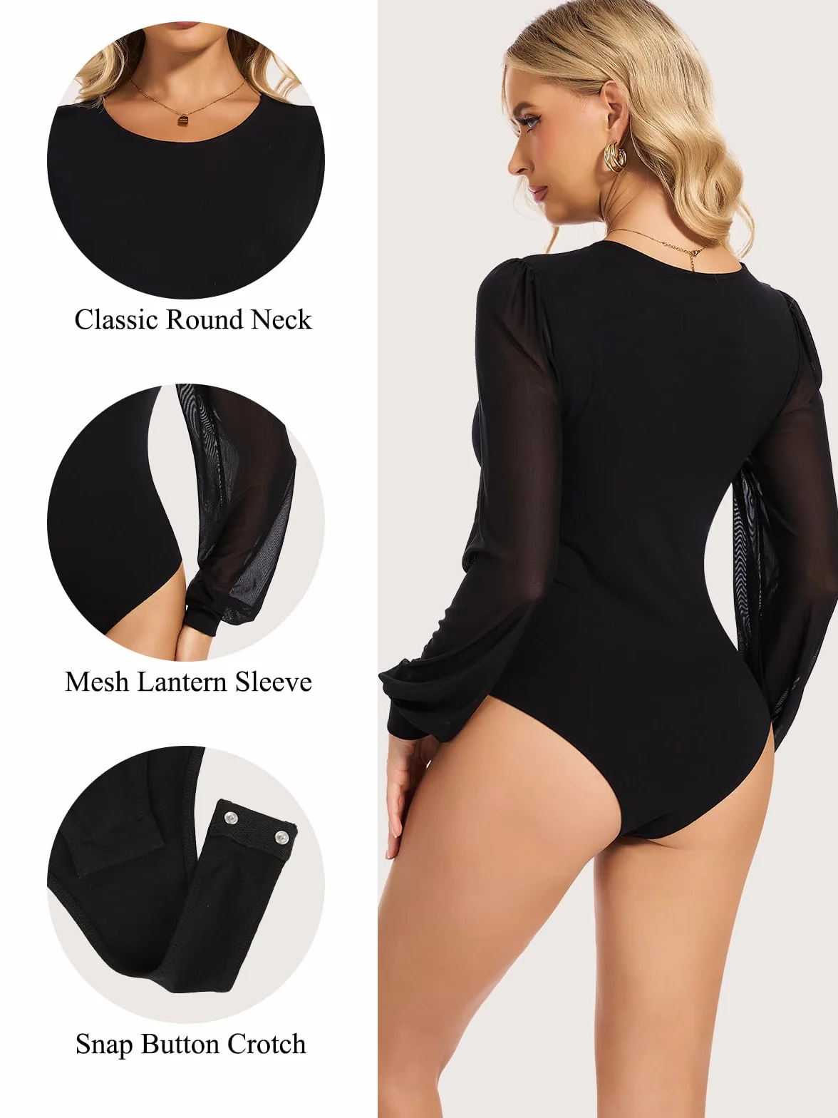 Joyshaper Body damskie body z długim rękawem, prostokątny dekolt, eleganckie body z siateczki, bufiaste rękawy, koszulka