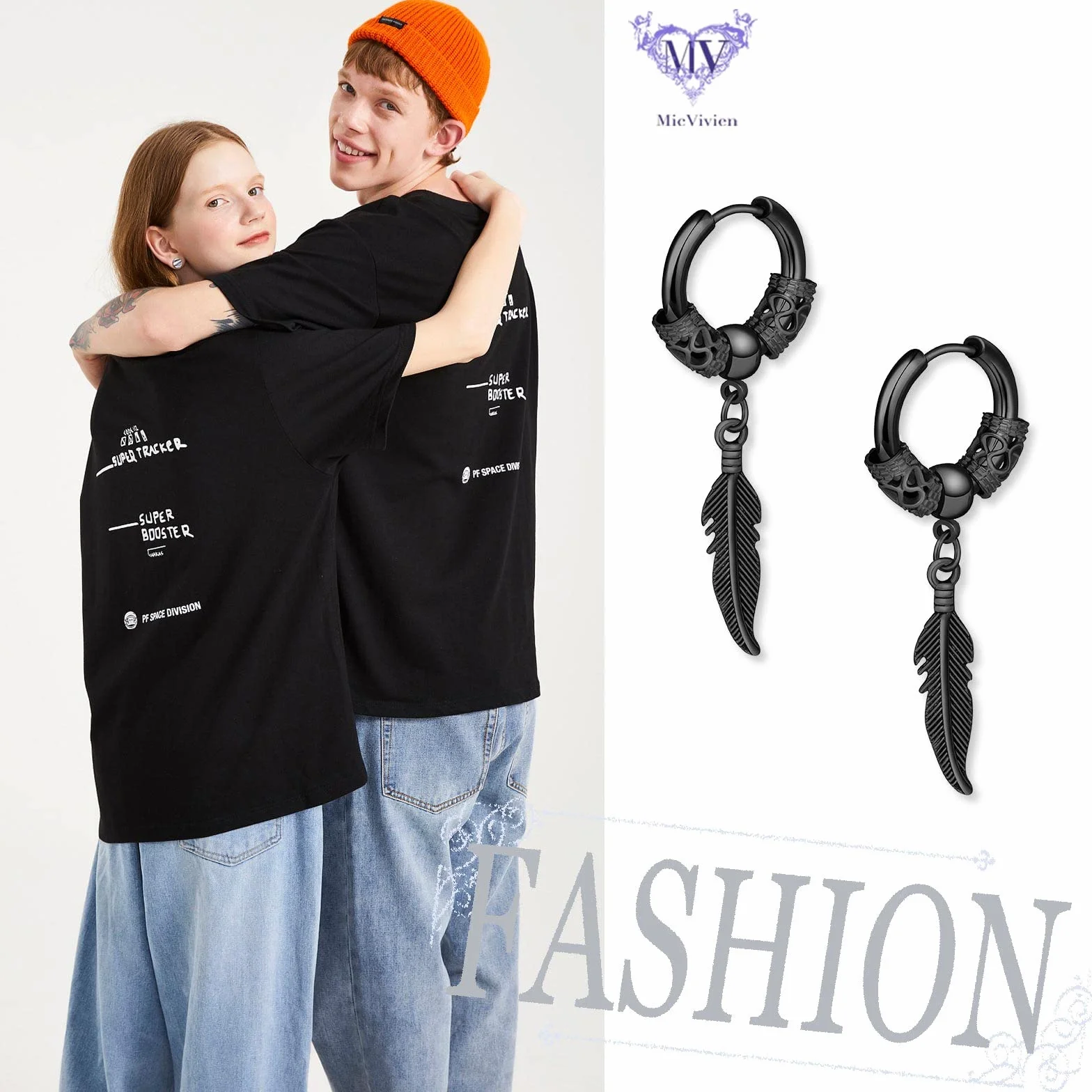 Kolczyki koła z piórami punk stal nierdzewna liść huggie kolczyki sztyfty na zawiasach unisex piercing biżuteria obręcz wiszące kolczyki dla kobiet mężczyzn, Stal nierdzewna, Bez kamieni szlachetnych
