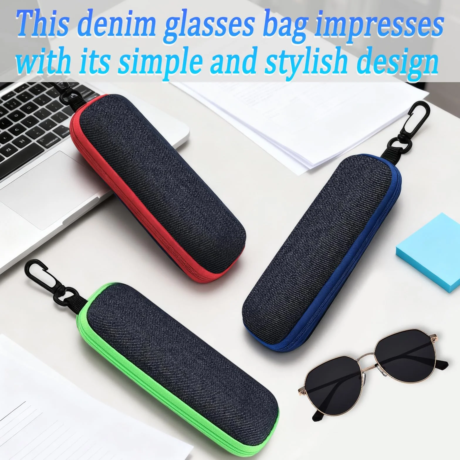 3 sztuki etui na okulary, modne przenośne etui na okulary z zamkiem błyskawicznym i karabińczykiem, w zestawie 6 ściereczek do czyszczenia z mikrofibry, pudełko na okulary, klucze i