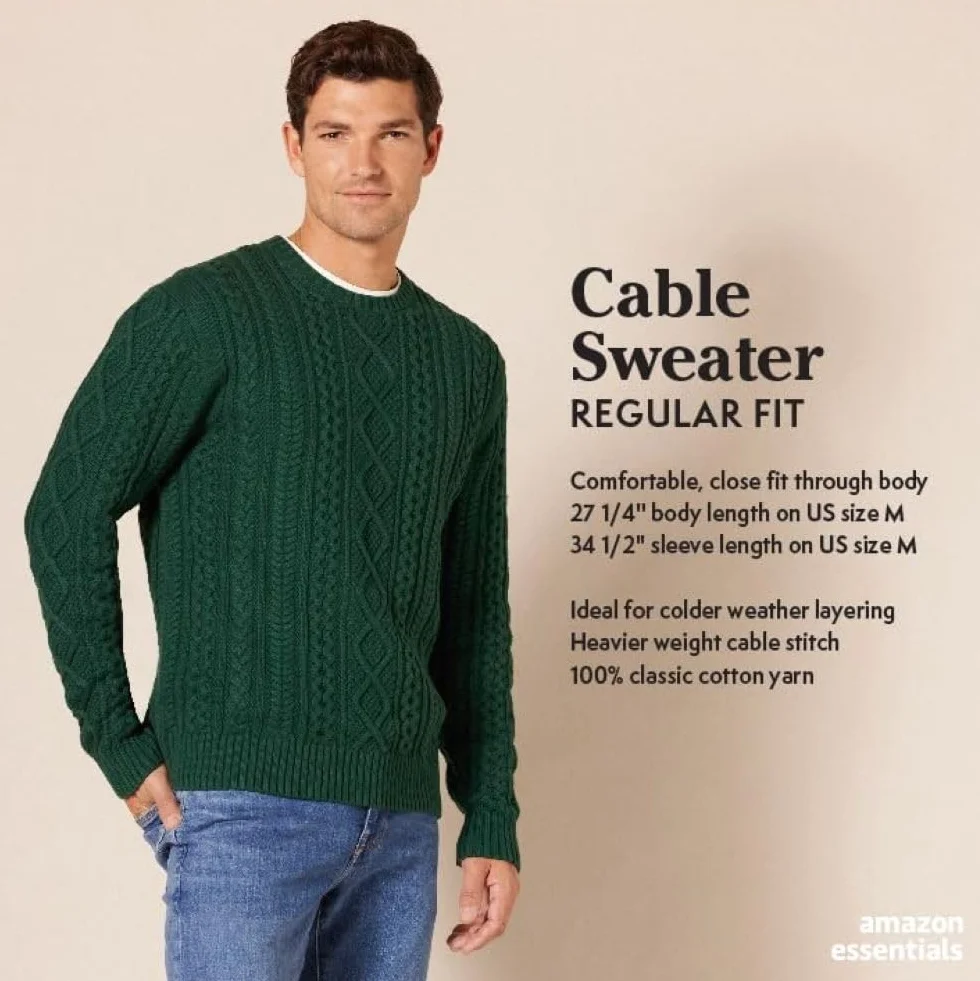 Amazon Essentials Mężczyźni Sweter z długim rękawem 100% bawełny Fisherman Cable Crewneck