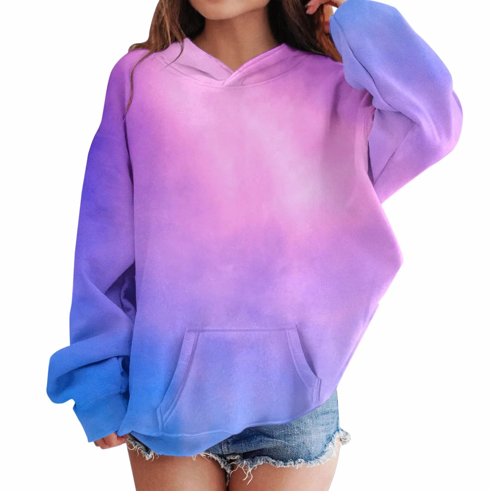 Bluzy z kapturem dla dziewcząt gradient modny sweter z kapturem Tie Dye długi rękaw okrągły dekolt bluza dzieci na co dzień moda oversize sweter
