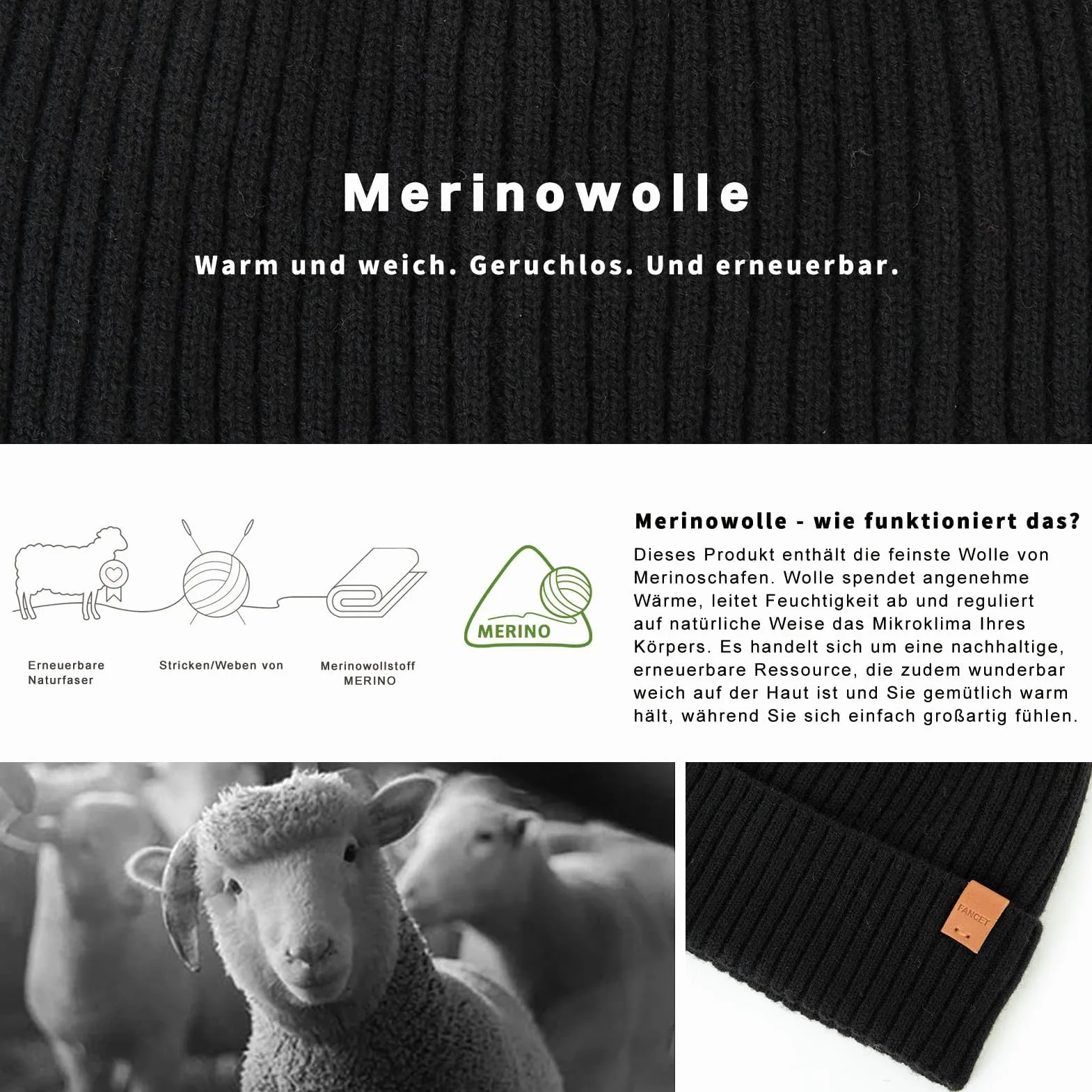 TOP-EX Czapka beanie unisex, w 100% z wełny merynosów, ciepła czapka zimowa z podszewką polarową, uniseks i elastyczna, idealna do biegania i golfa, miękka czapka z dzianiny