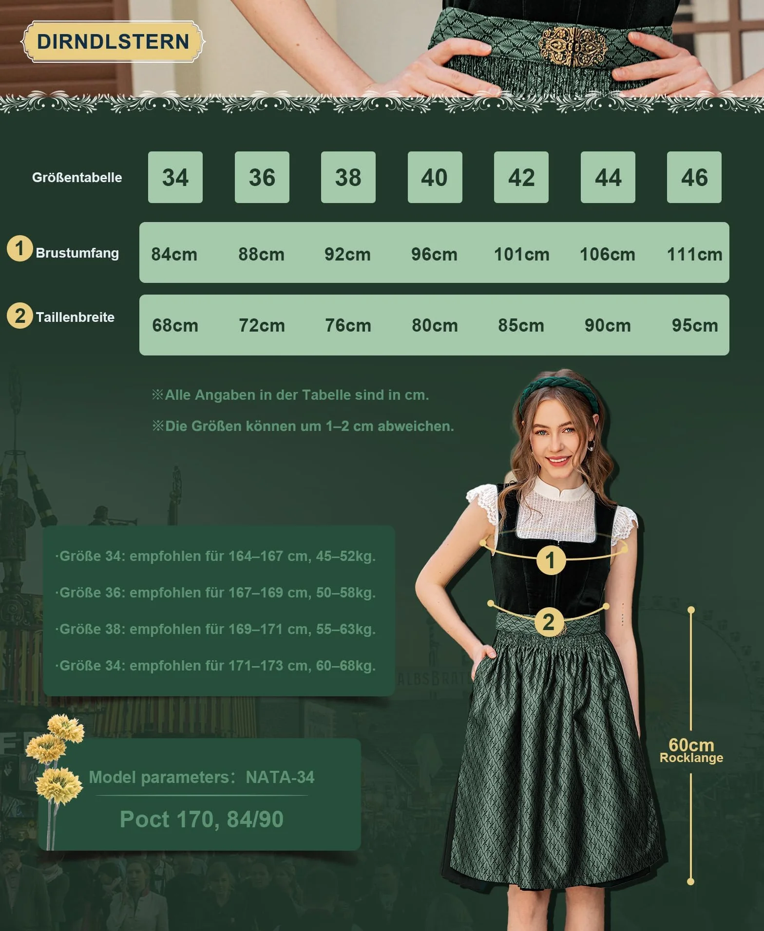 DIRNDLSTERN Damska sukienka do stroju ludowego zielona – spódnica midi aksamitna sukienka Dirndl, strój na Oktoberfest z fartuchami Dirndl