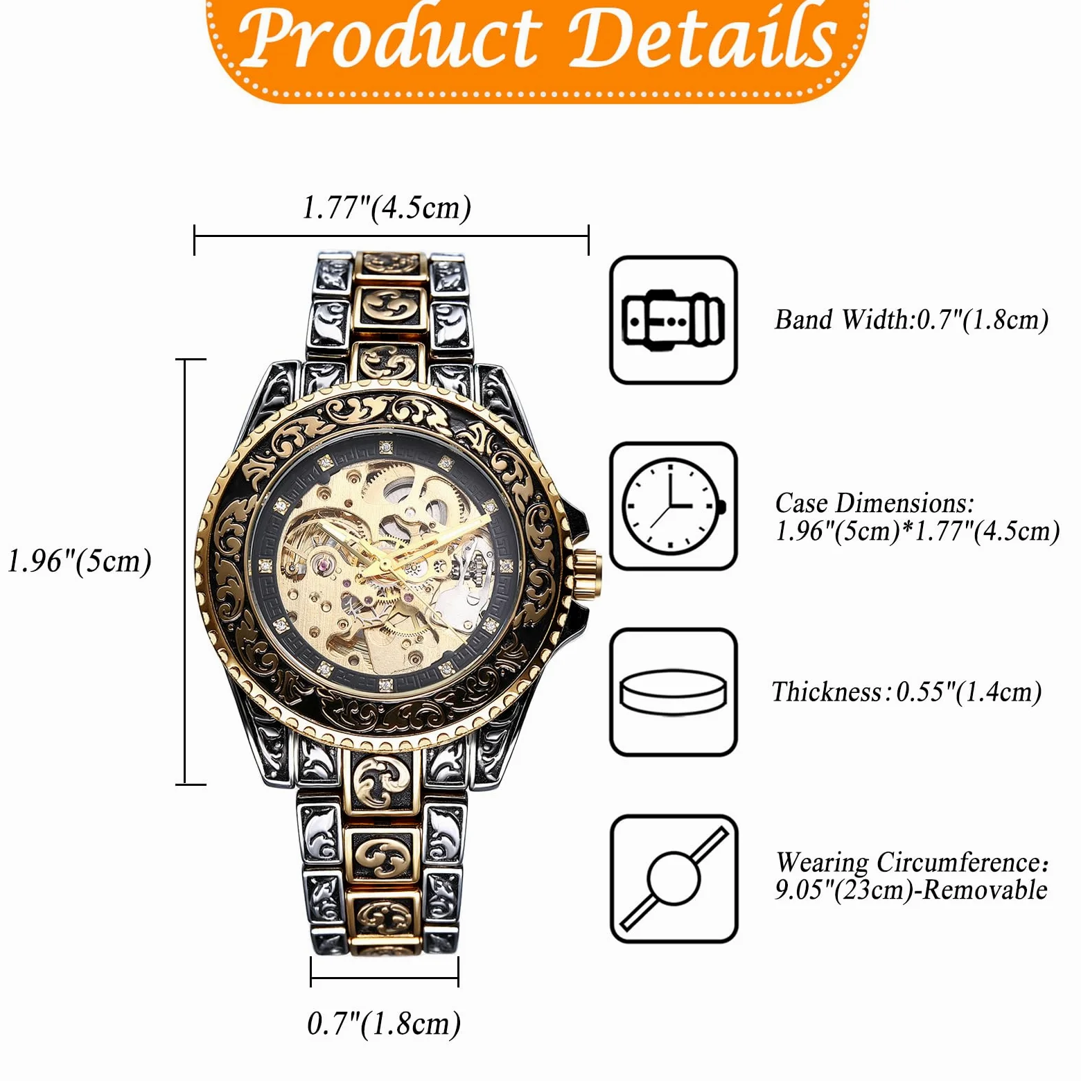 JewelryWe Zegarek męski w stylu vintage, szkielet, zegarek automatyczny: antyczny złoty, 36 godzin rezerwy biegów, automatyczny, mechaniczny zegarek na rękę, stal nierdzewna, automatyczny zegarek ze