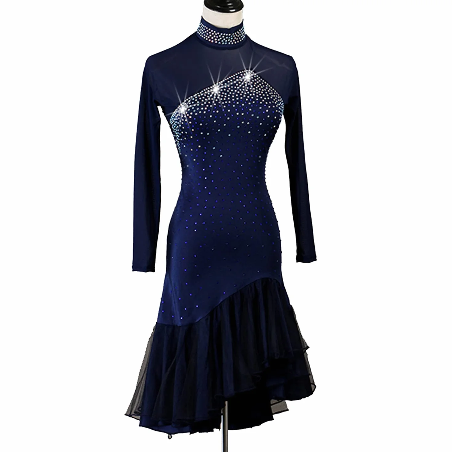 Wysoka Neck Latin Dance Dress dla kobiet Hollow Backless Cha Cha kostiumy z długim rękawem sala balowa wydajność sukienki do tańca Flamenco Waltz Dance Practice spódnice