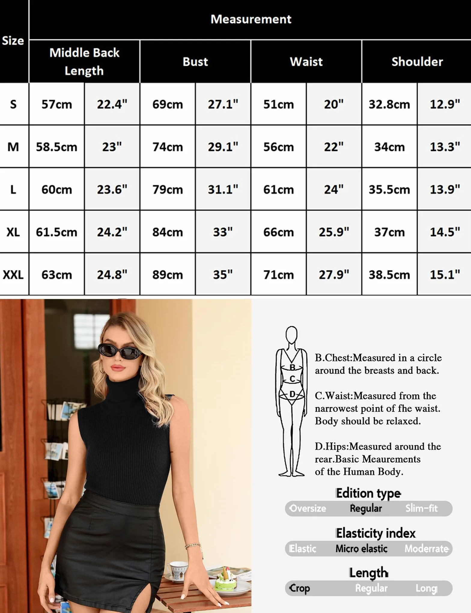 Gyabnw Top Top Kobiety z wysokim dekoltem bez rękawów z dzianiny Lupetto moda sweter sweter kamizelka elegancka golf jednolity kolor ciepły miękki casual Basic jesień i zima S-XXL, Czarny, S