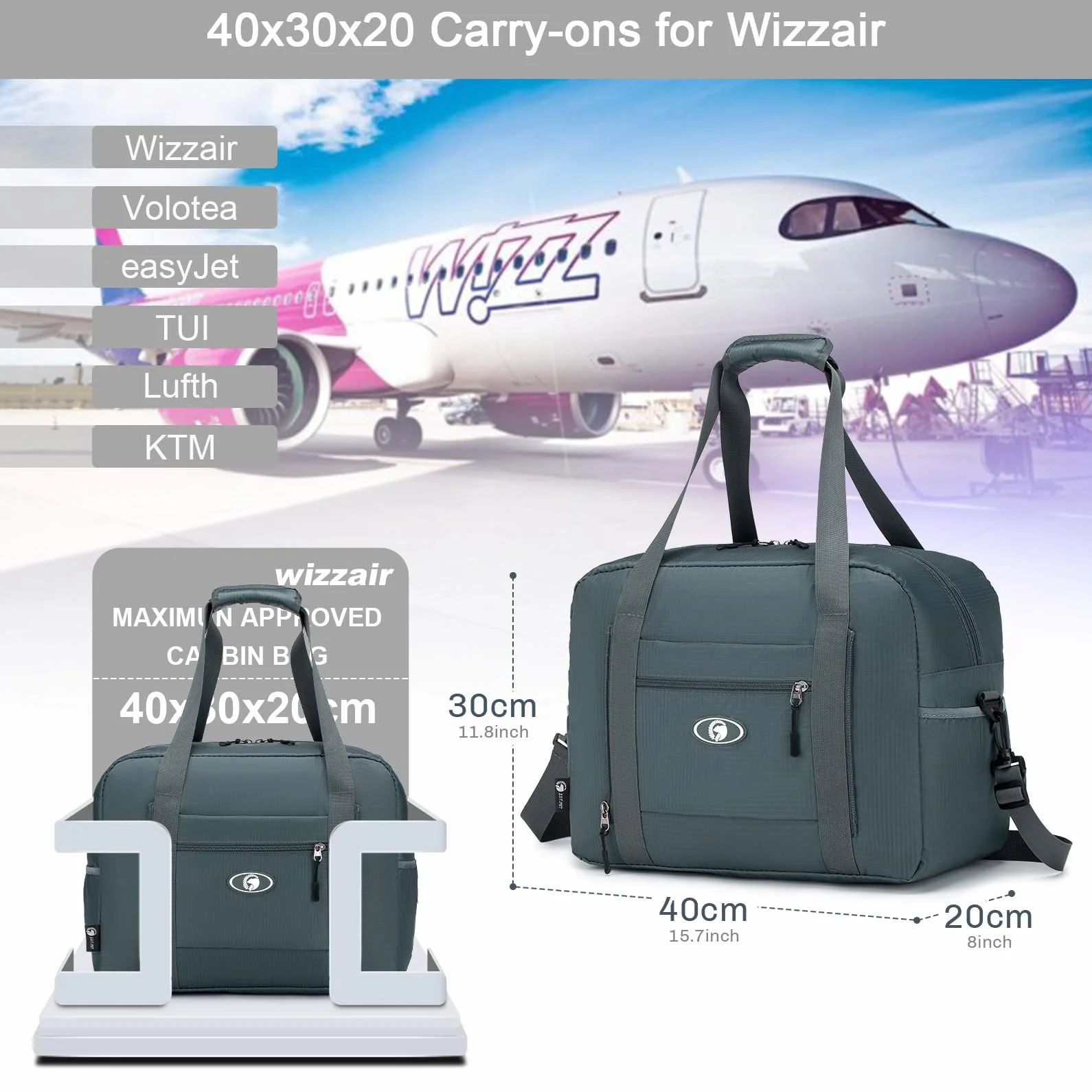 BAGZY Torba Ryanair 40x30x20 Wizz Air Składana Torba Podróżna 25L dla Mężczyzn i Kobiet Bagażs Ręczny Samolot Torebka Wodoodporna Sportowa Bagażs na Rękę Walizka dla Weekender Szpital Kabina Torebki