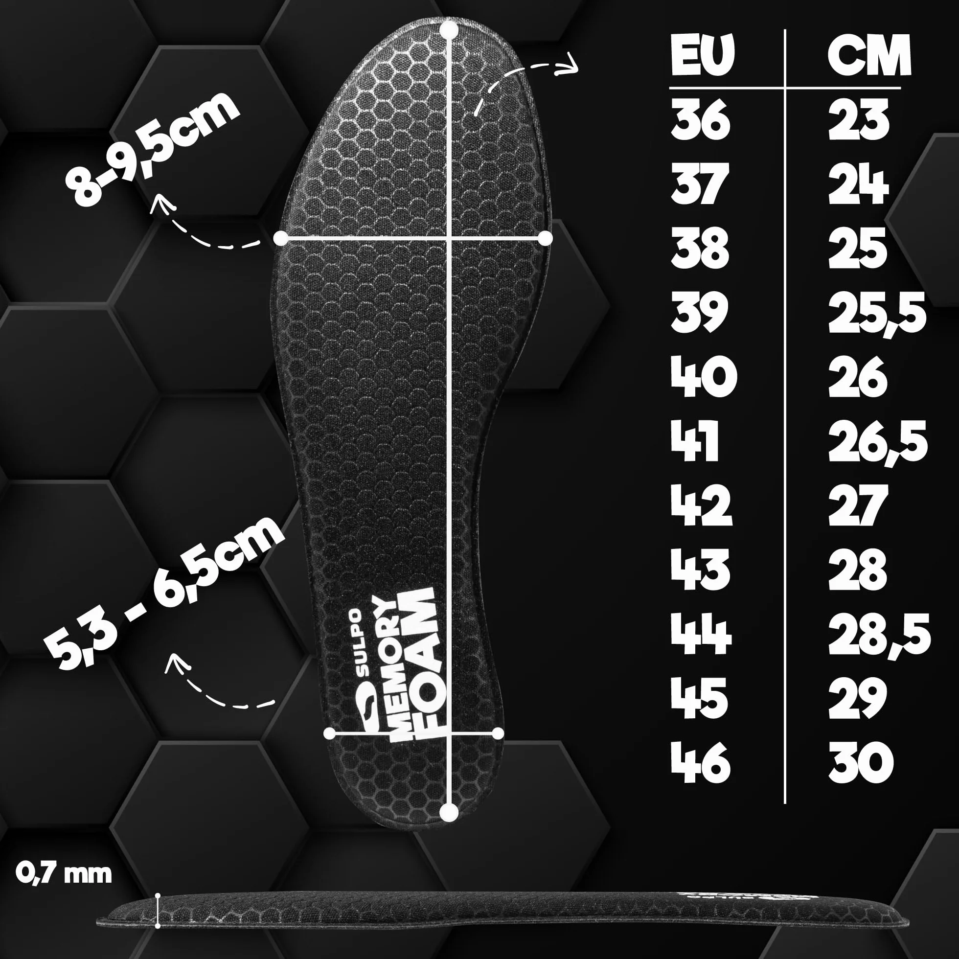 SULPO Wkładki z Pianki Memory Foam - Miękkie, Komfortowe i Cienkie Wkładki Dla Mężczyzn i Kobiet do Sneakerów i Butów Sportowych, Wspierające Komfort Stóp i Dopasowanie Rozmiar 44