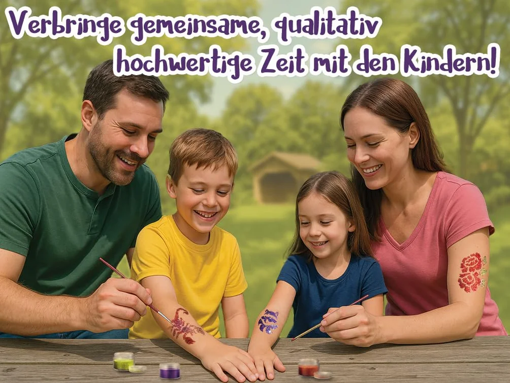 TyToo Zestaw brokatowych tatuaży dla dzieci – 28 szablonów i 3 kolory brokatu – przyjazny dla skóry, wodoodporny i testowany dermatologicznie – kreatywny zestaw do makijażu na urodziny, imprezę i