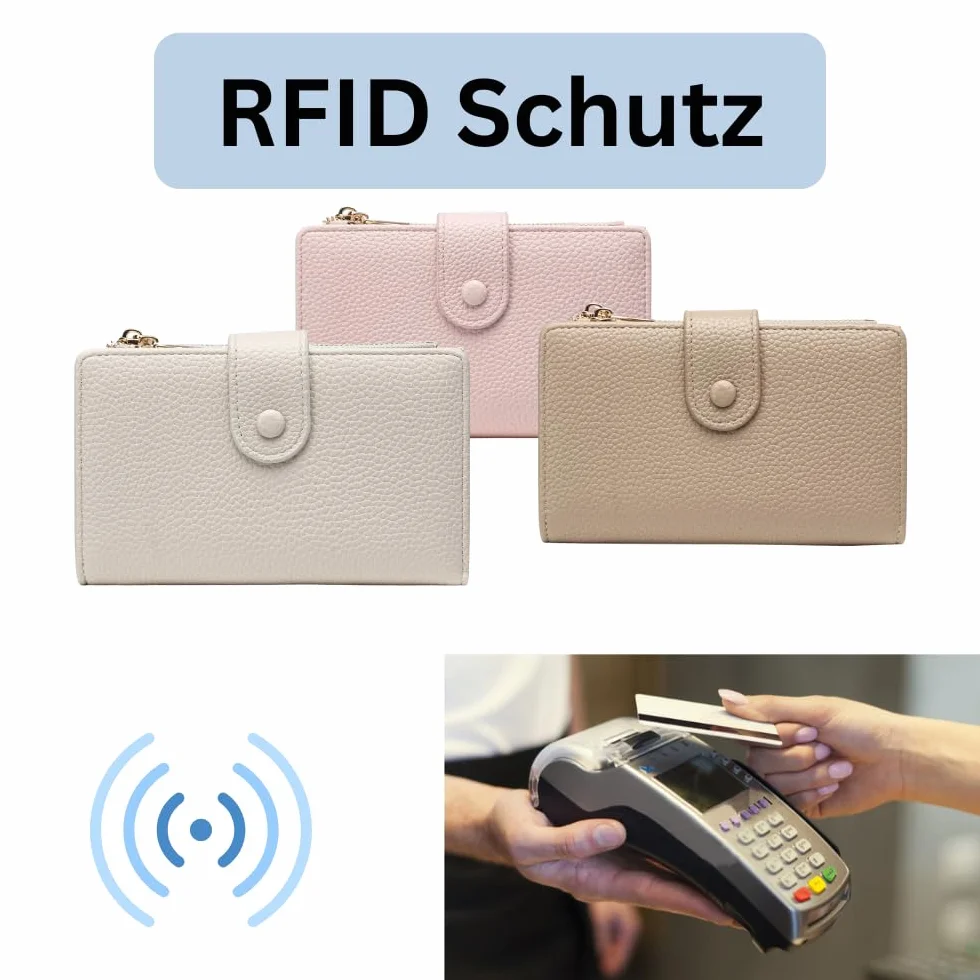 Frentree Portfel damski z ochroną RFID, wygląd prawdziwej skóry, duża kieszeń na monety, portmonetka z zamkiem błyskawicznym, zatrzask, w zestawie pudełko prezentowe, szarobrązowy, Casual