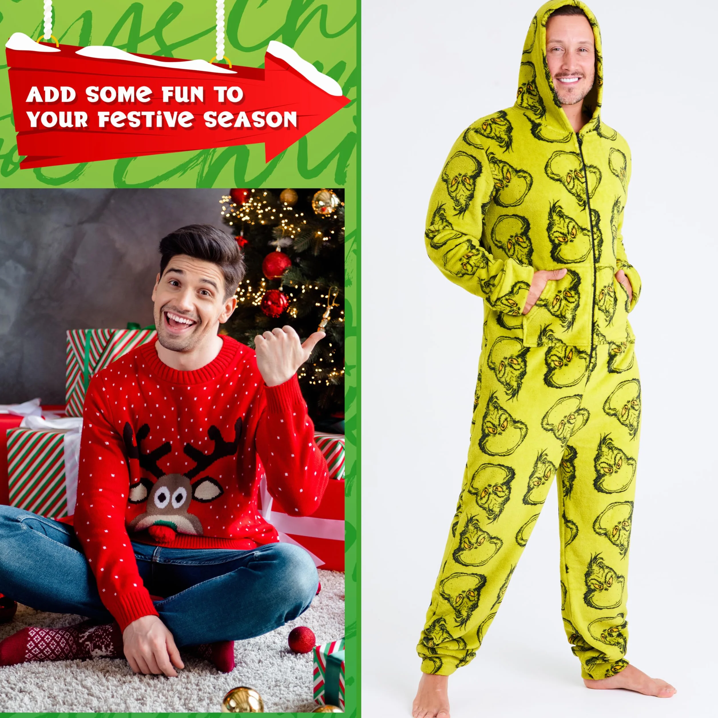 The Grinch Onesie męski kombinezon polarowy z kapturem, przytulny kombinezon polarowy dla mężczyzn i nastolatków