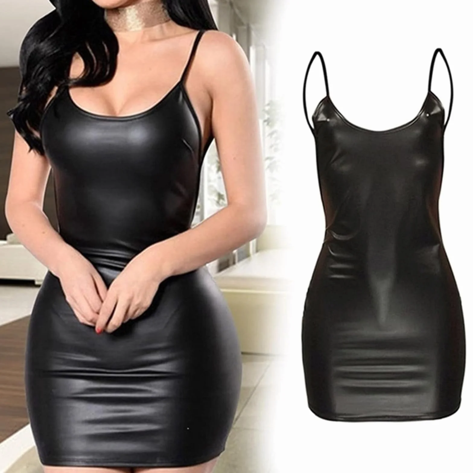 SEDEX Damska bielizna Wetlook, minisukienka bez pleców, bielizna nocna, dekolt stretch, sukienka Simili mini