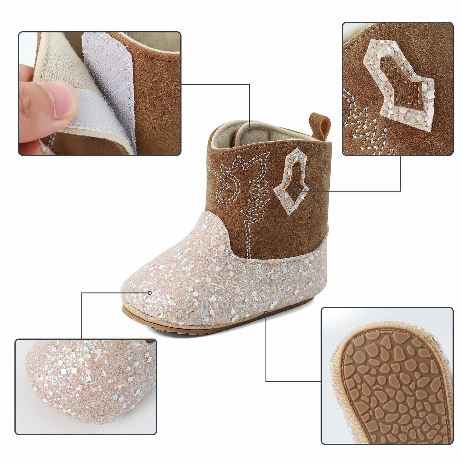 LACOFIA Buty niemowlęce dla dziewczynek, buty do nauki chodzenia, Bling Bling Bootie, kowbojki, buty westernowe z antypoślizgową miękką podeszwą, dla dzieci w wieku 3-18 miesięcy