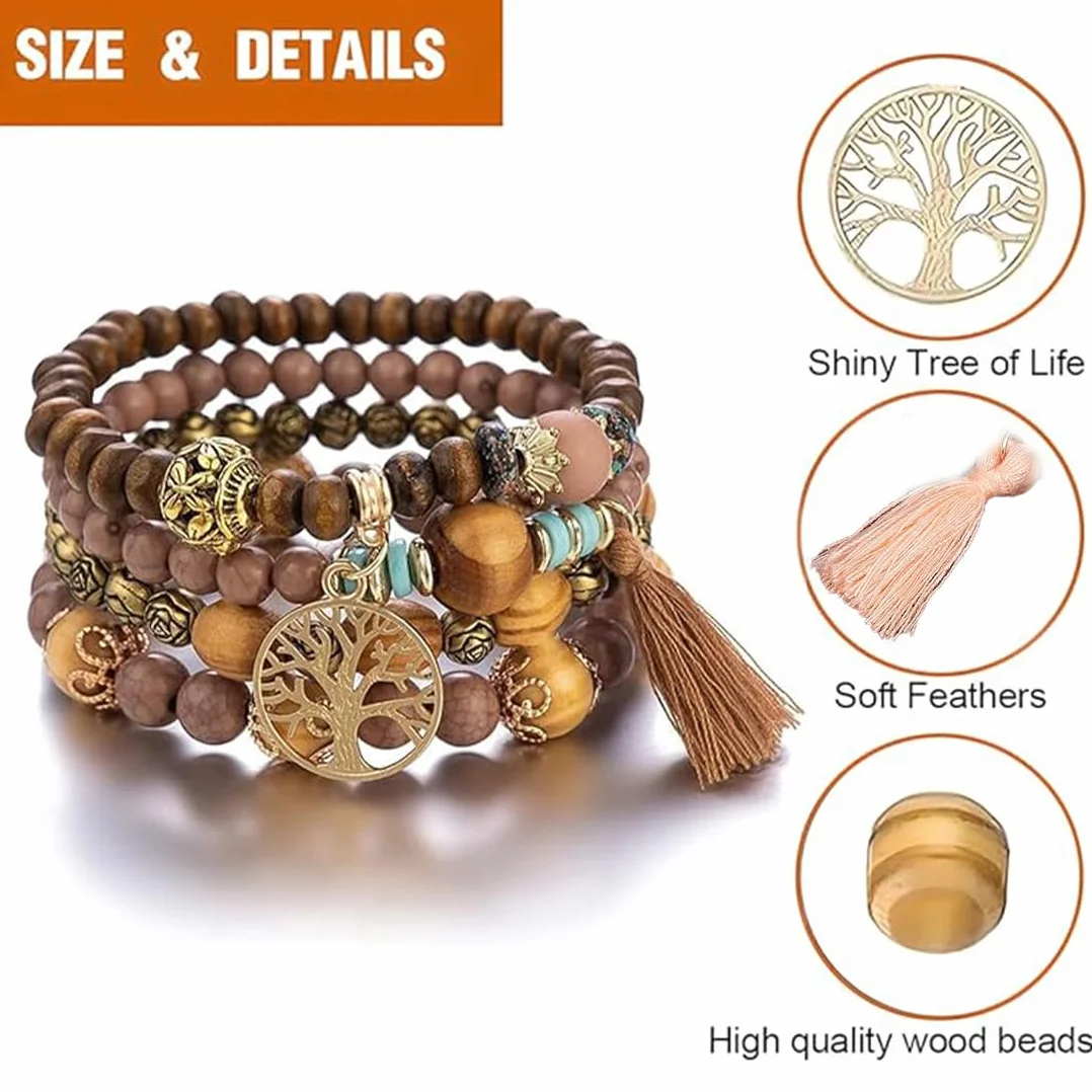 Bransoletka boho z drewnianymi koralikami, bransoletka czakra dla kobiet, naturalne kryształowe kamienie lecznicze, bransoletka dla kobiet, drzewo życia, charms