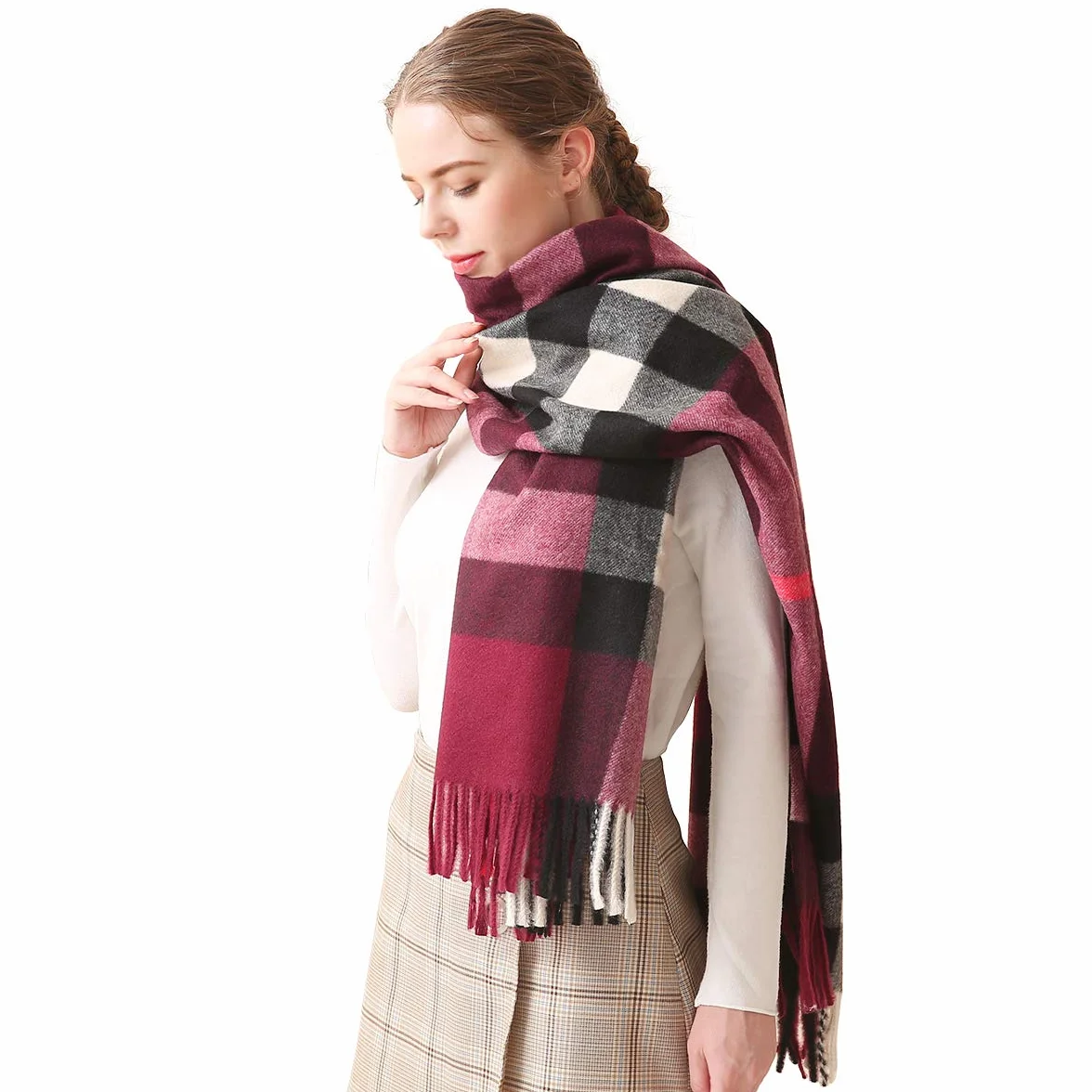 LumiSyne Zimowy senior w kratę kaszmirowy szalik z frędzlami dla kobiet mężczyzn oversize Tartan etola klasyczny wzór karo miękki i pogrubiony szal w kratkę Pashmina, czerwony (Weinrot), jeden rozmiar