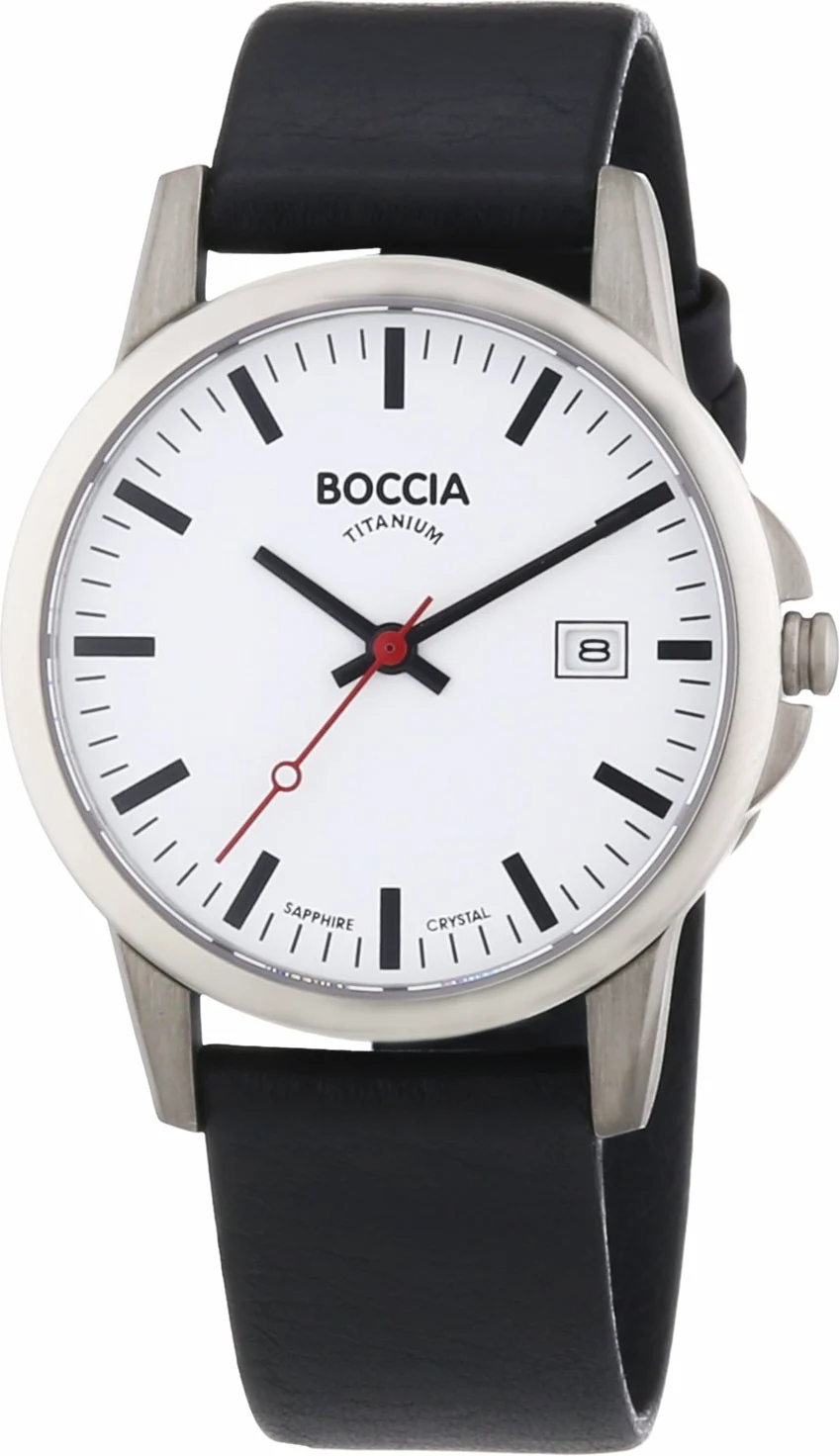 Boccia Chłopięcy zegarek kwarcowy z białym wyświetlaczem analogowym i czarnym skórzanym paskiem B604-18, biały/czarny, pasek