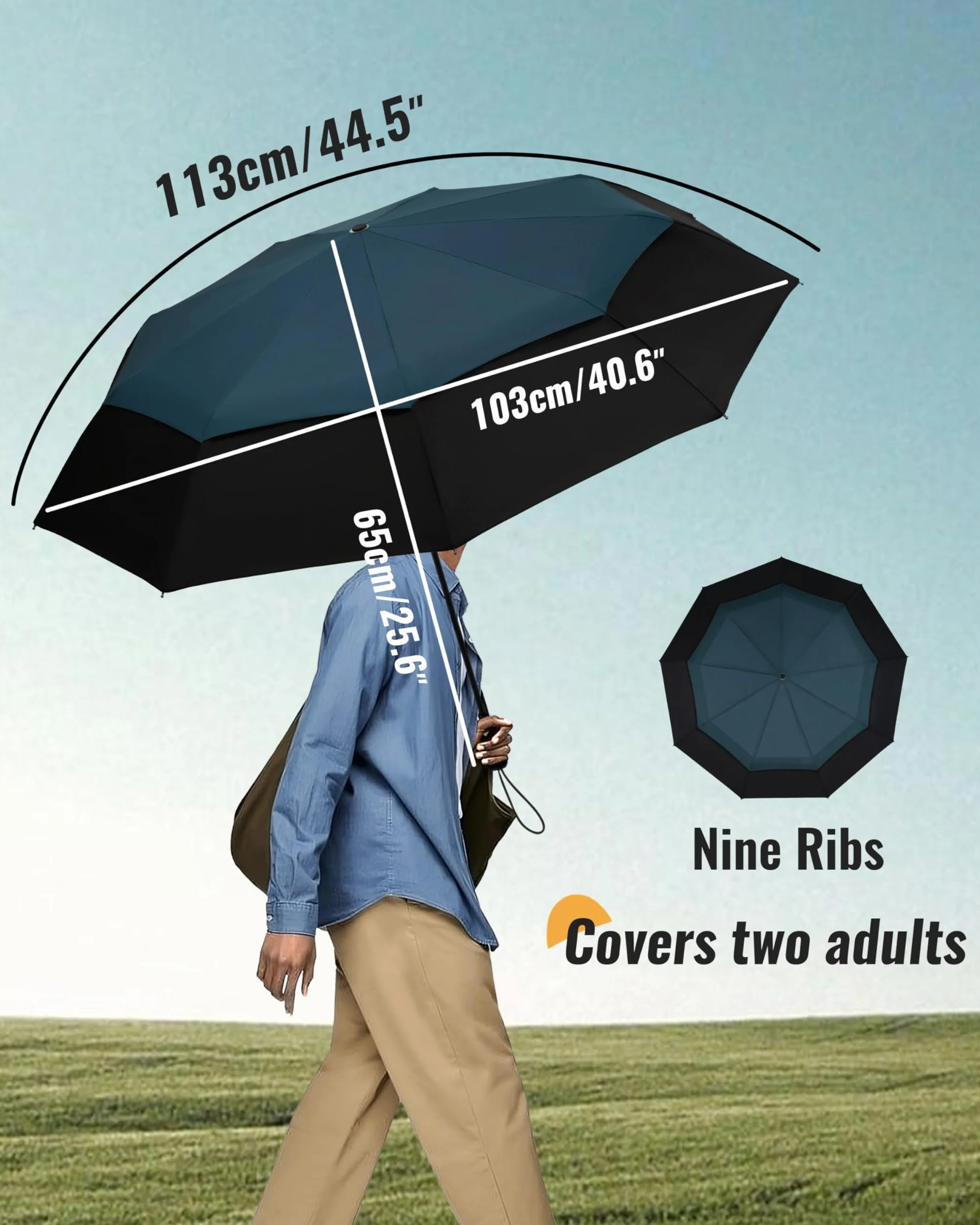 Kompaktowy parasol podróżny, wiatroszczelny, mocny, automatyczne składane parasole na wiatr i deszcz, podwójnie wentylowany baldachim 210T powłoka teflonowa 102 cm rozpiętość - 9 żeber,