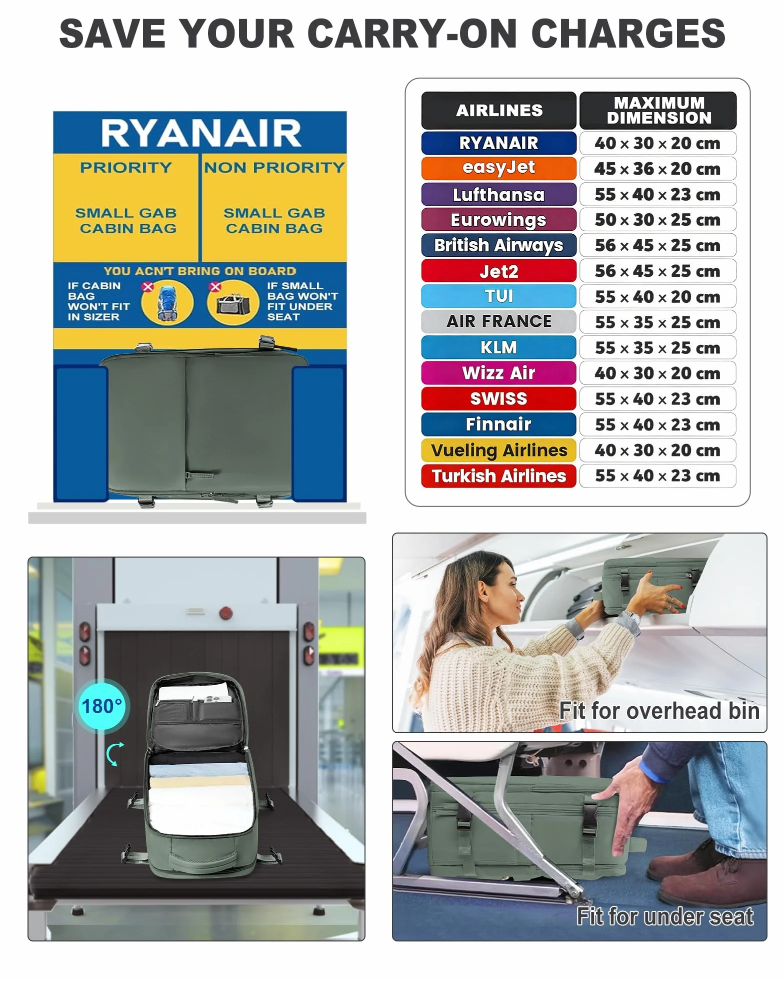 SZLX Ryanair duży plecak podróżny, bagaż podręczny, 40 x 20 x 25, bagaż podręczny pod siedzeniem, Easyjet, torba podręczna, plecak na laptopa, do samolotu, torba podręczna, plecak na laptopa, do 14