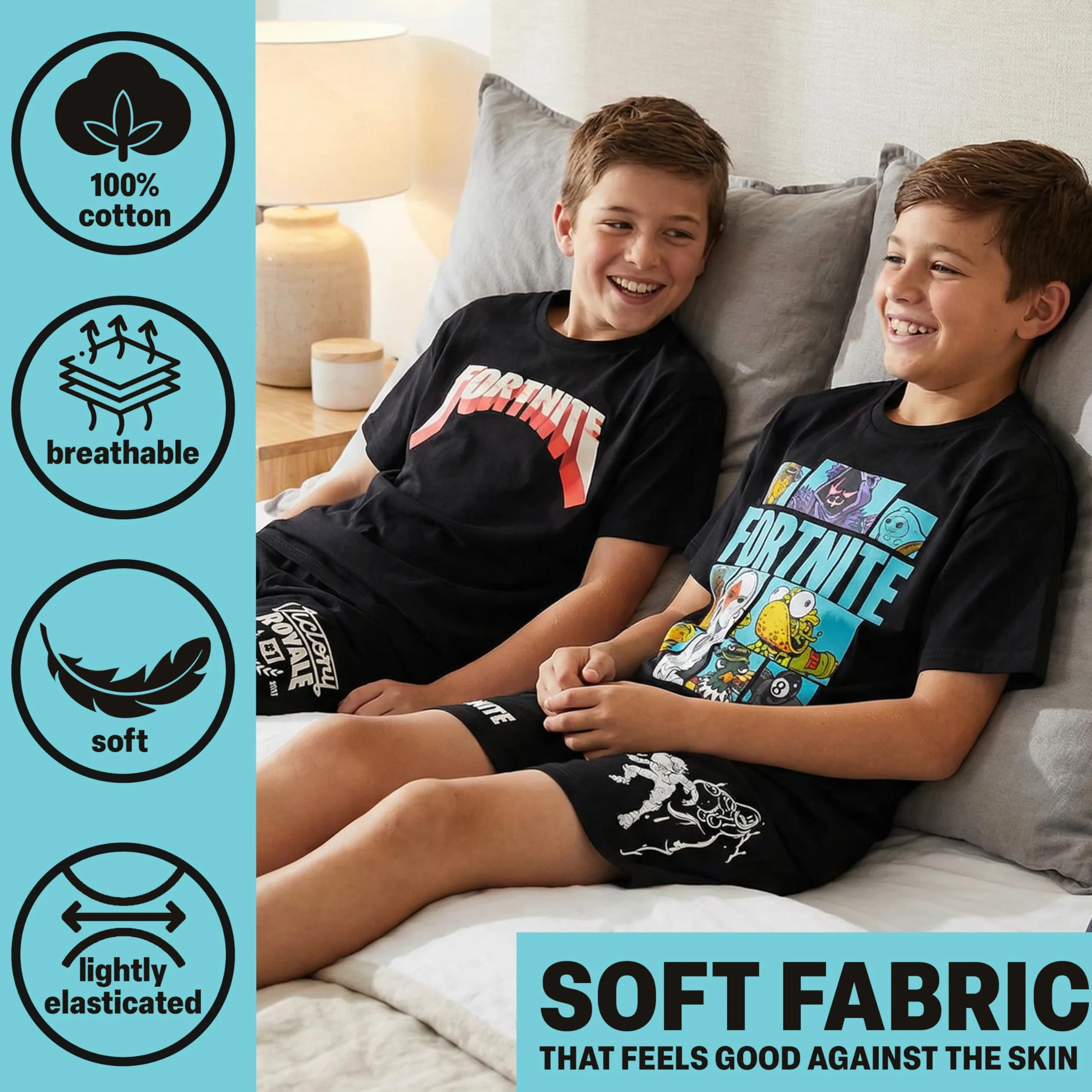 Fortnite Zestawy piżam dla chłopców, 1 lub 2 sztuki, bawełniane T-shirty z okrągłym dekoltem i krótkie spodnie piżamowe, miękka, oddychająca bielizna nocna, prezenty dla graczy