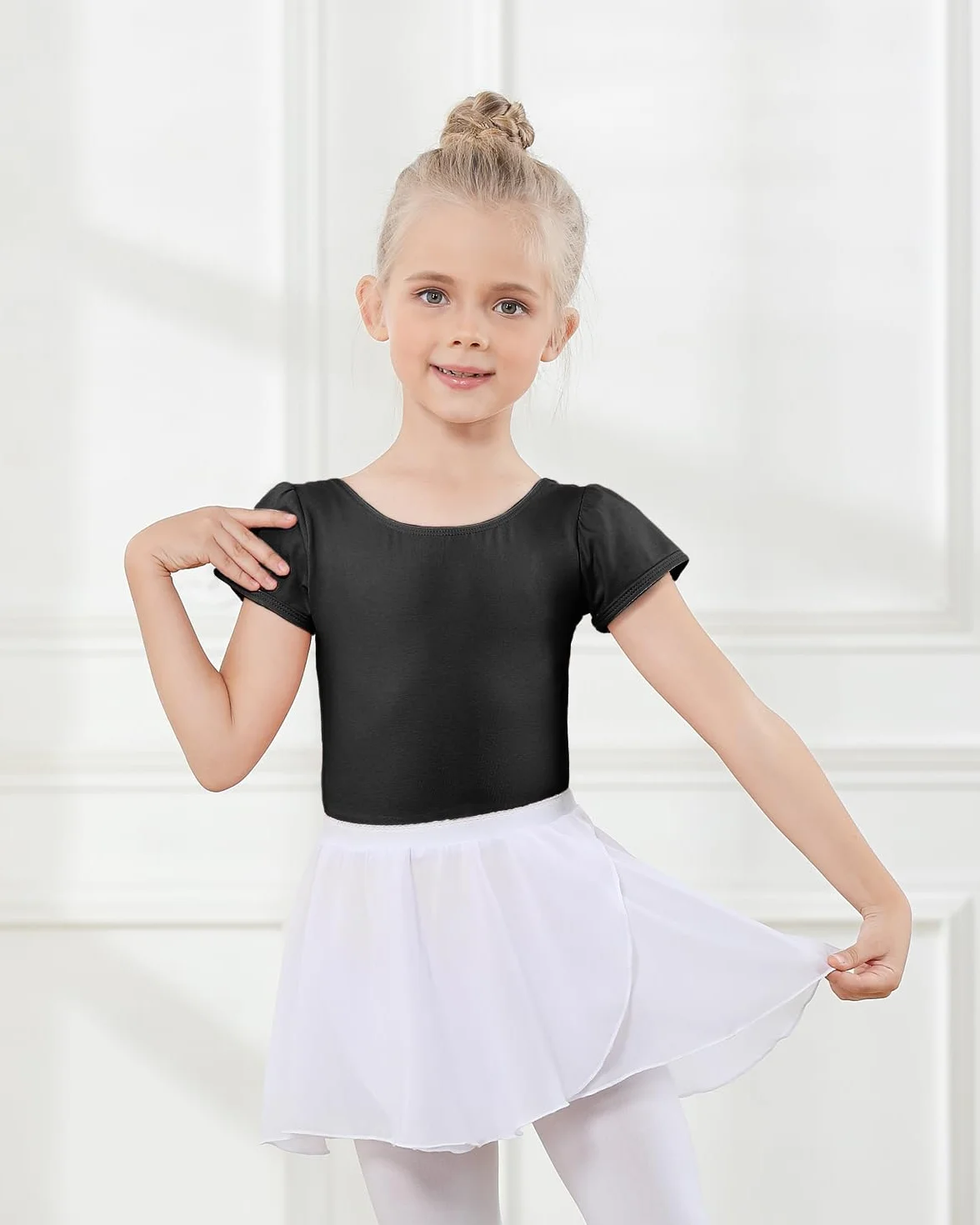 Gogokids Sukienka baletowa dla dziewczynek, kostium gimnastyczny, z krótkim rękawem, ze zdejmowaną błyszczącą spódnicą, zestaw, na lekcje baletu i występy, 3–11 lat