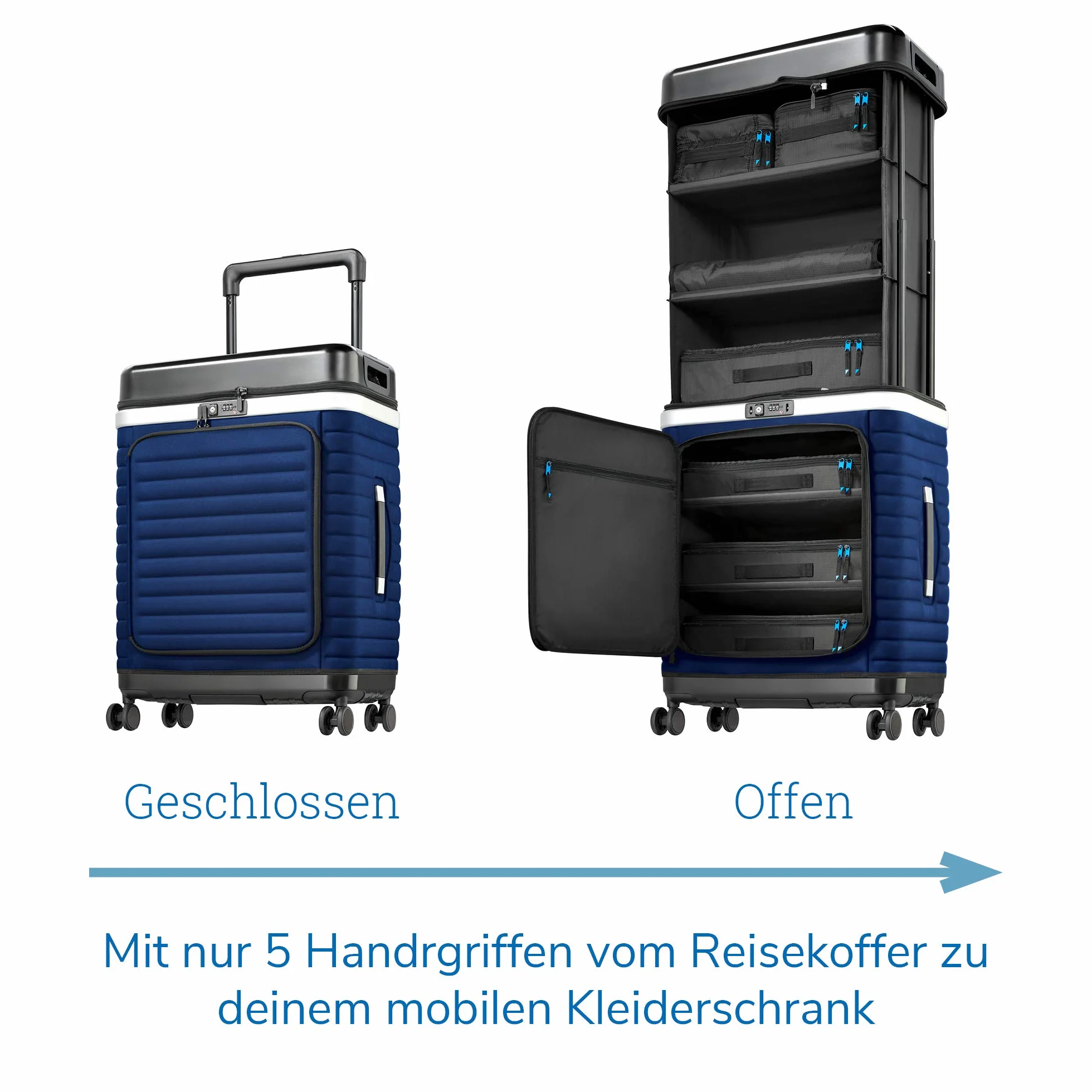 Pull Up Suitcase Estate Blue - Twoja mobilna szafa na ubrania. Rozkładana walizka podróżna z przegródkami, niebieski, 76 cm