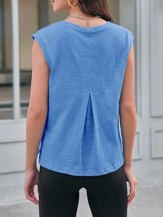 Fisoew Damska koszulka bez rękawów, tank top, na lato, okrągły dekolt, jednokolorowa koszulka basic
