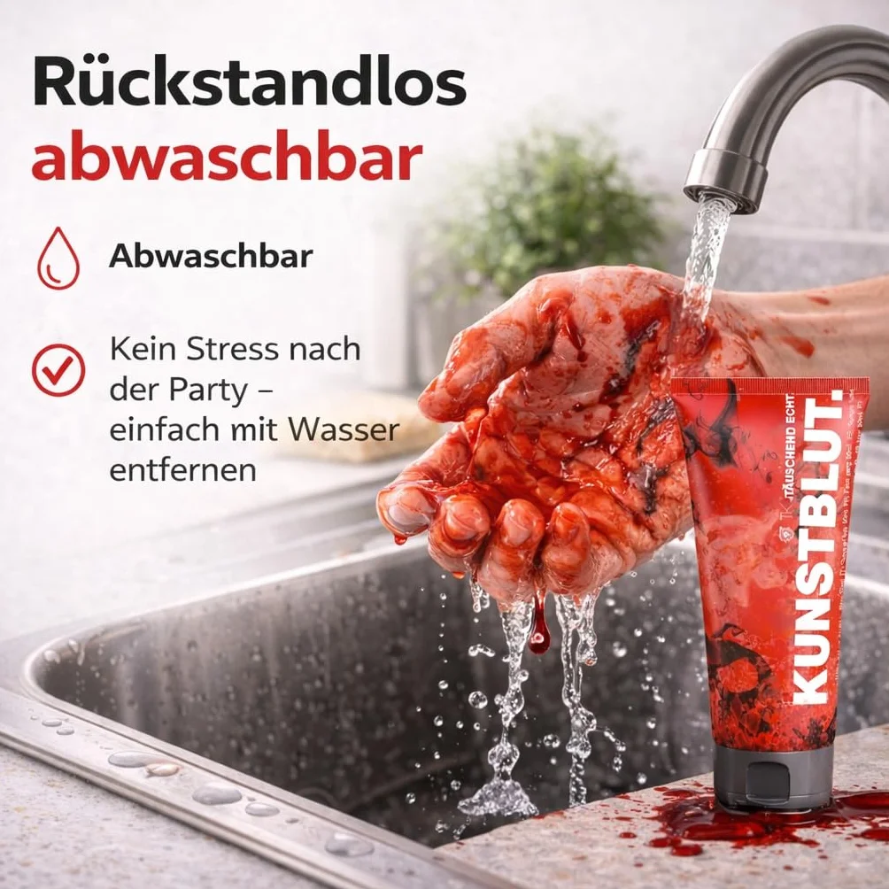 50 ml sztucznej krwi – sztuczna krew do makijażu i przebieranek na Halloween i karnawał – zmywalna i do złudzenia przypominająca prawdziwą krew