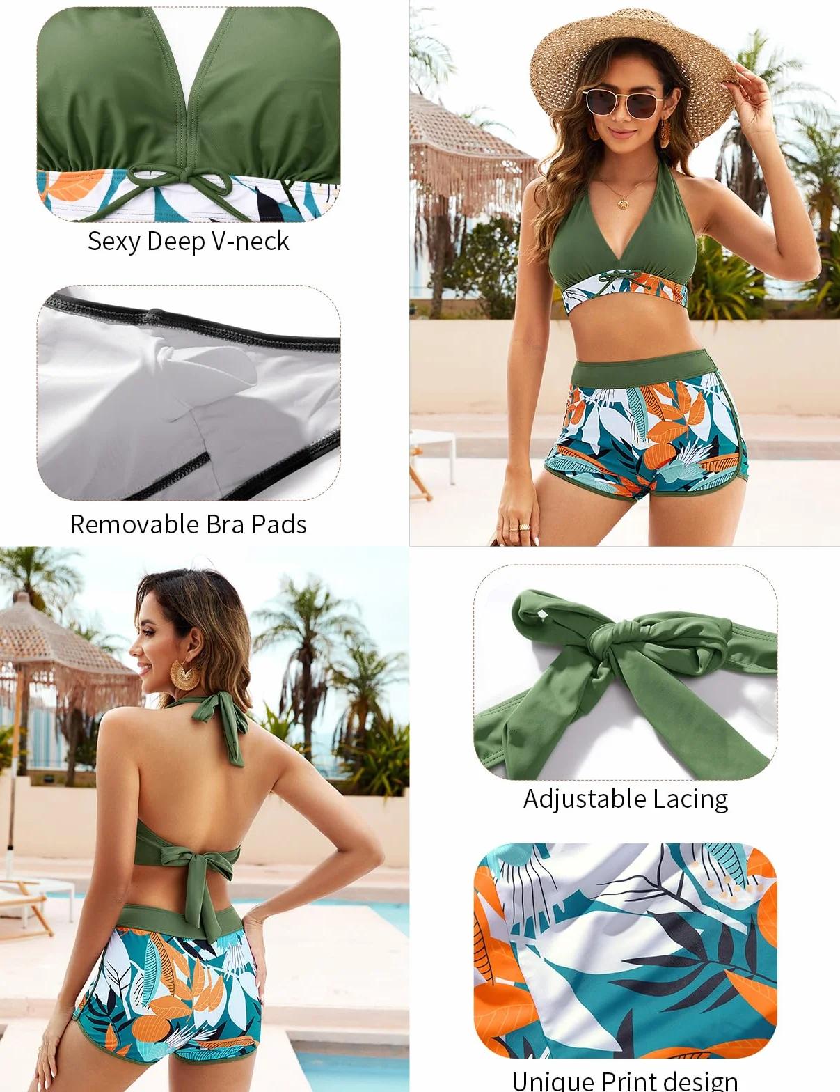 Tuopuda Damskie dwuczęściowe zestawy bikini z głębokim dekoltem w serek, strój kąpielowy z wysokim stanem, kontrola brzucha, top z szortami, kostium kąpielowy