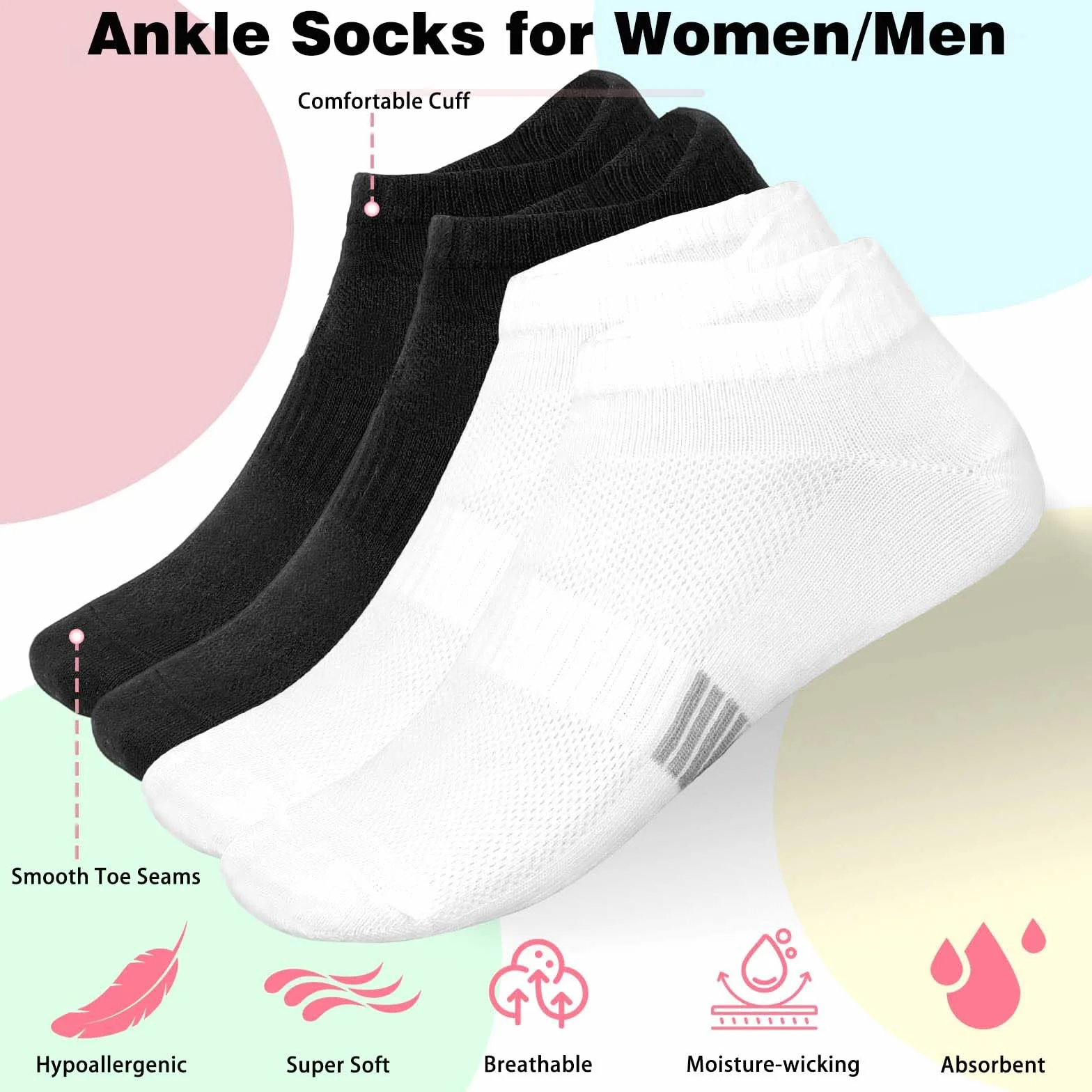 10 par skarpet do sneakersów, damskie/męskie, czarne i białe, skarpety stoperowe, pasują do 38-47, buty sportowe, buty do biegania, buty trekkingowe, skarpety do biegania