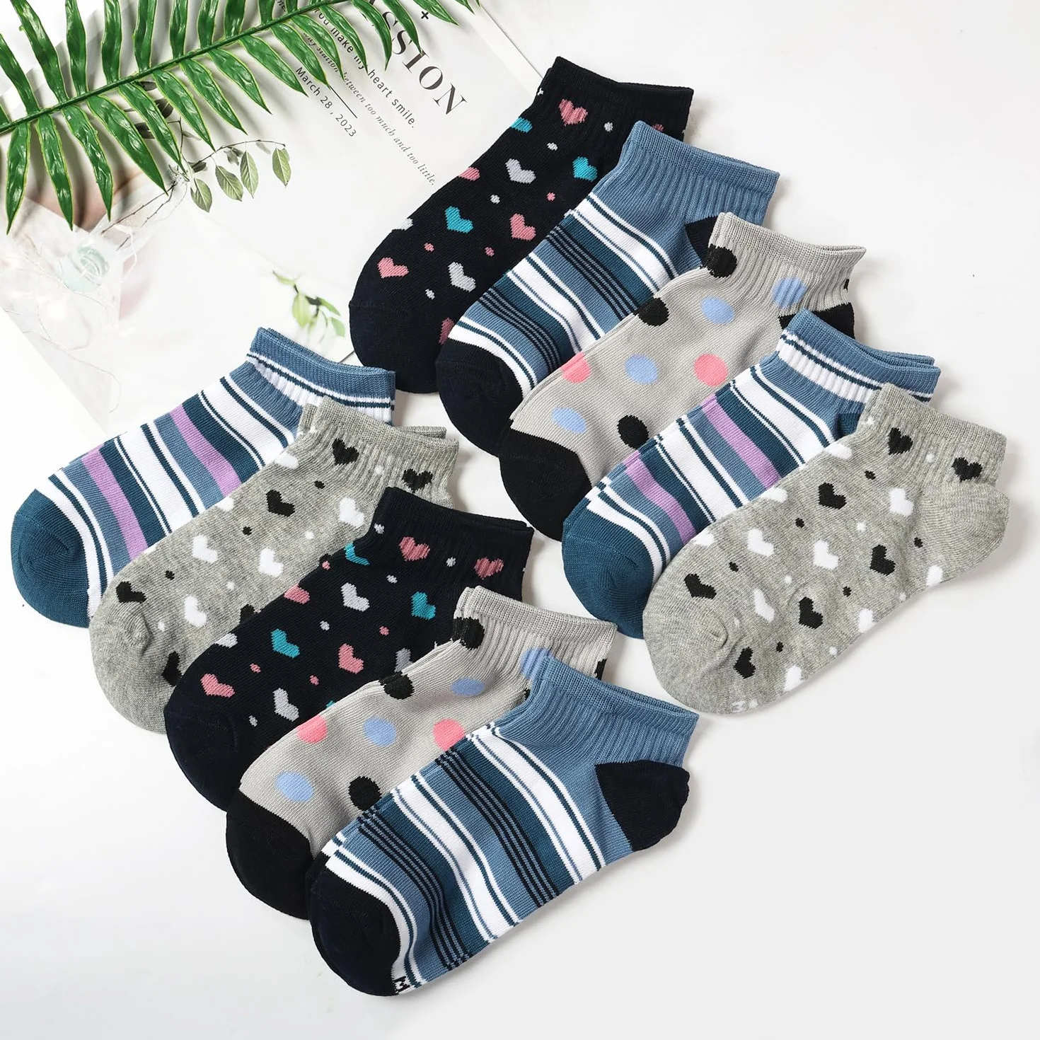 Skarpety damskie do sneakersów 35-38 39-42, 10 par bawełnianych krótkich skarpet dziewczęcych, wielokolorowe skarpety do sneakersów, kolorowe skarpety damskie z kropkami w paski, Niebieski zestaw.,