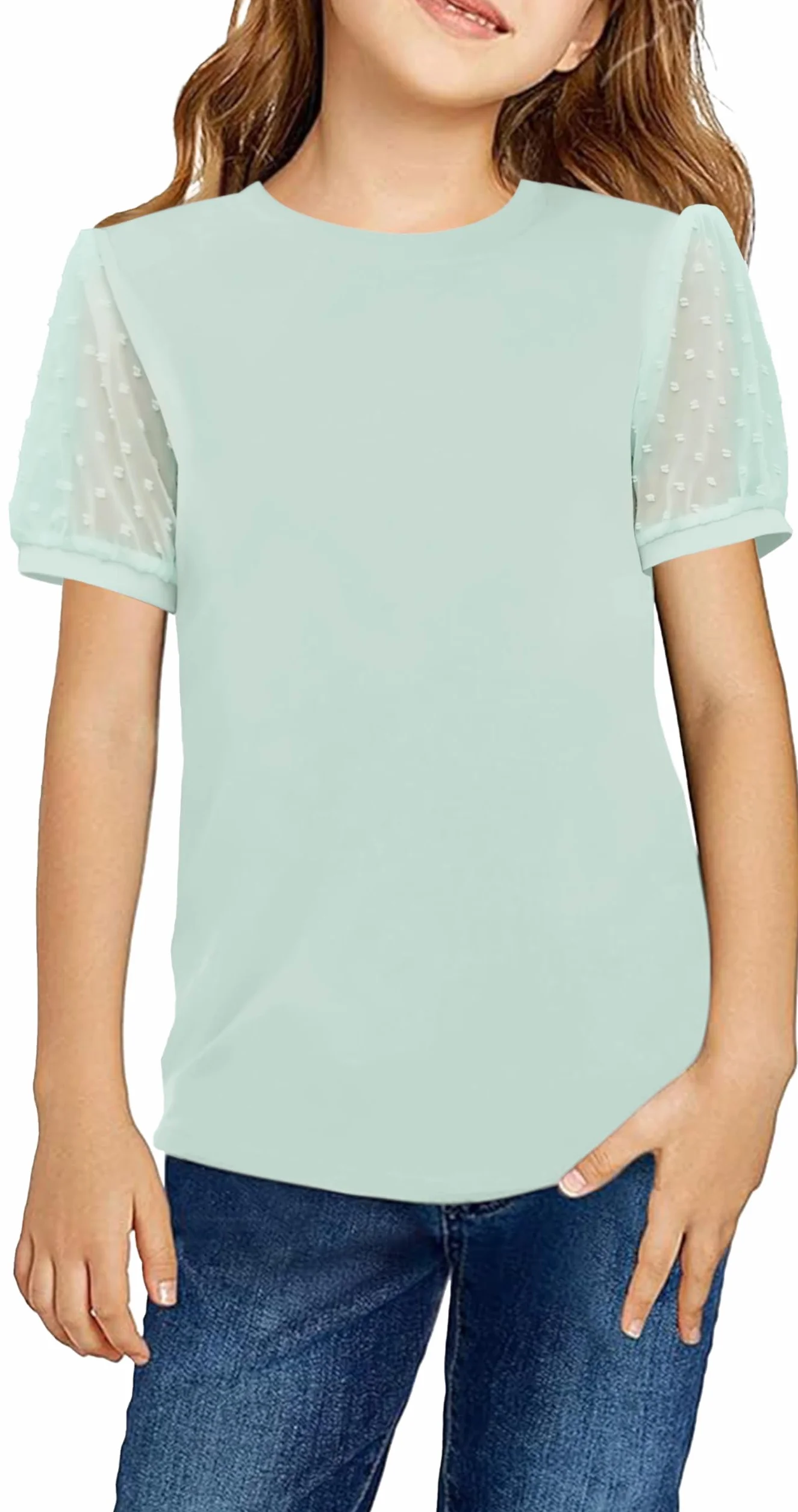 Arshiner Dziewczęcy T-shirt z szyfonu, rękawy, na lato, bawełna, na czas wolny, elegancka, z krótkim rękawem, modna koszulka z okrągłym dekoltem, wygodna górna część, basic, dla dziewczynek w wieku 5